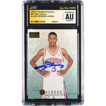 Allen Iverson Philadelphia 76ers Autographed 1996-97 SkyBox Premium #85 CGC Fanatics Witnessed Authenticated AUTO 10 Rookie Card
