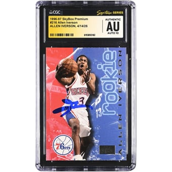 Allen Iverson Philadelphia 76ers Autographed 1996-97 SkyBox Premium #216 CGC Fanatics Witnessed Authenticated AUTO 10 Rookie Card