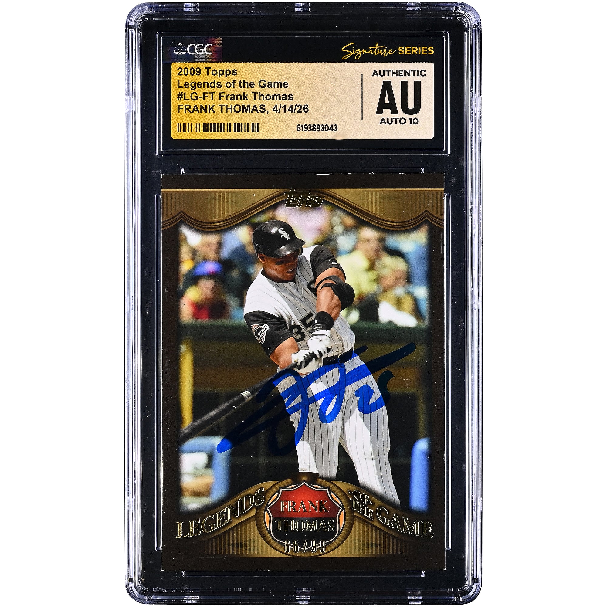 Tarjeta autografiada de Frank Thomas de los Chicago White Sox, Topps Legends of the Game 2009 #LG-FT #/99, autenticada por CGC Fanatics Witnessed. Tarjeta AUTO 10.