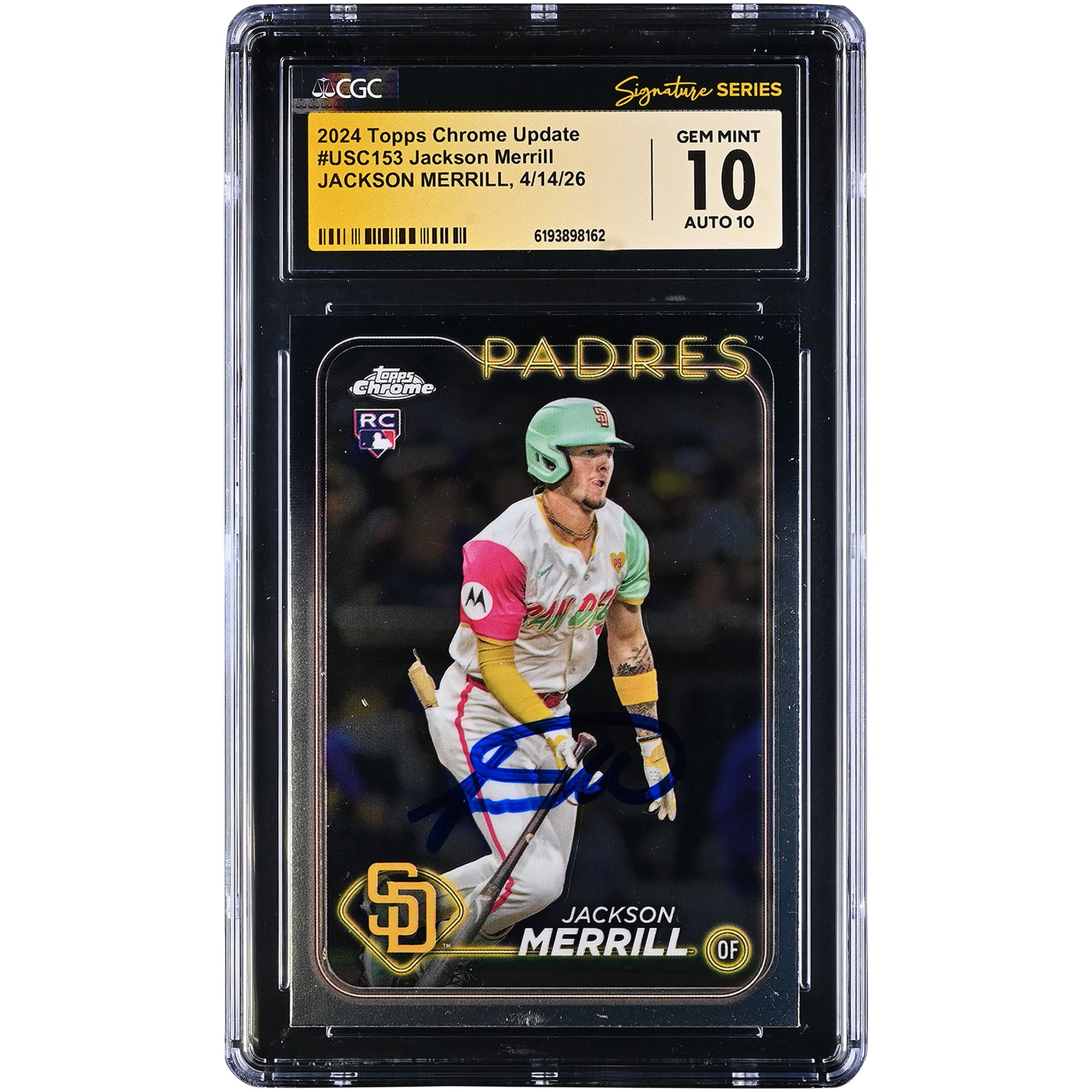 Tarjeta de novato autografiada de Jackson Merrill de los San Diego Padres, Topps Chrome Update 2024 #USC153, autenticada por CGC Fanatics Witnessed 10/10.