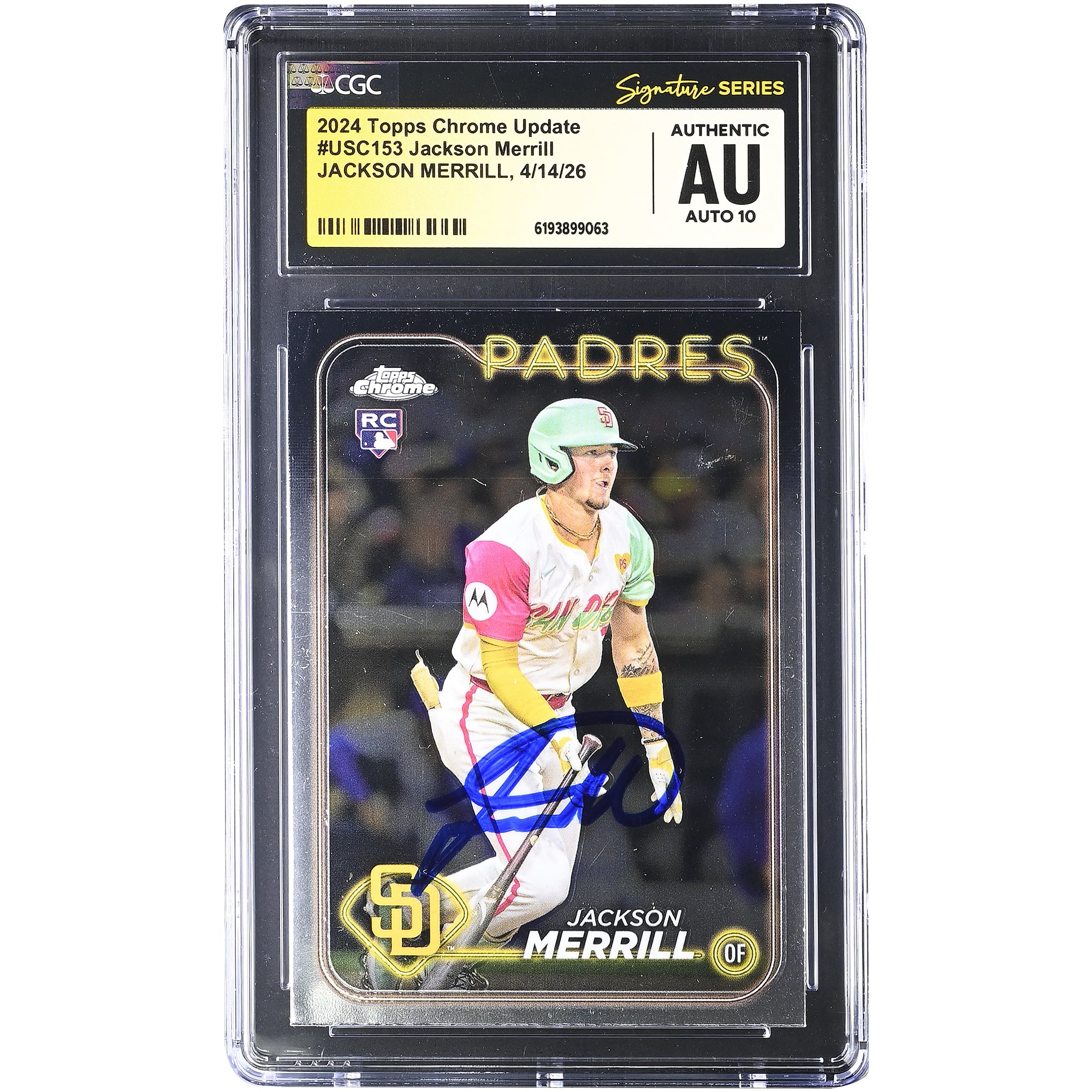 Jackson Merrill San Diego Padres Autographed 2024 Topps Chrome Update #USC153 CGC Fanatics Witnessed Authenticated AUTO 10 Rookie Card