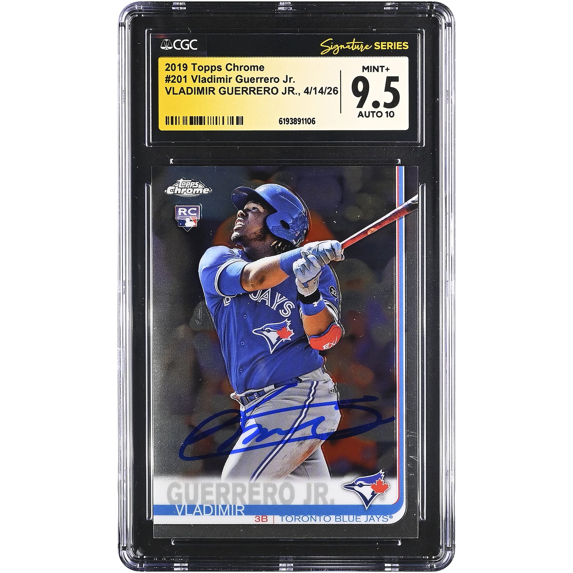 Tarjeta de novato autografiada de Vladimir Guerrero Jr. de los Toronto Blue Jays, Topps Chrome #2019, autenticada por CGC Fanatics Witnessed, calificación 9.5/10.