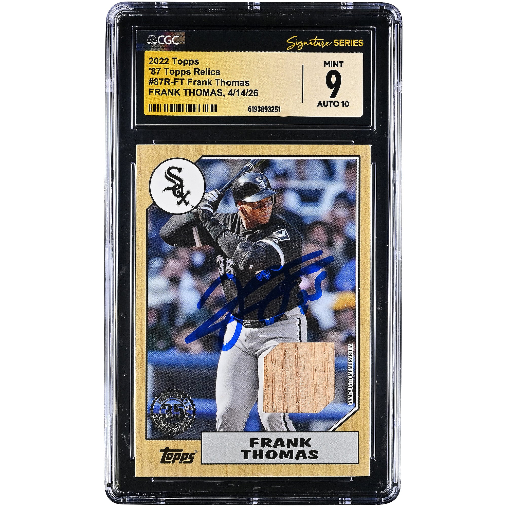 Tarjeta autografiada de Frank Thomas de los Chicago White Sox, Topps '87 Topps Relics #87R-FT, 2022, CGC Fanatics Witnessed Authenticated, 9/10.