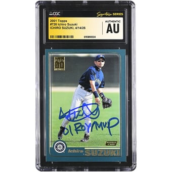 Ichiro Suzuki Seattle Mariners Autographed 2001 Topps #726 CGC Fanatics Witnessed Authenticated Rookie Card with "01 ROY/MVP" Inscription