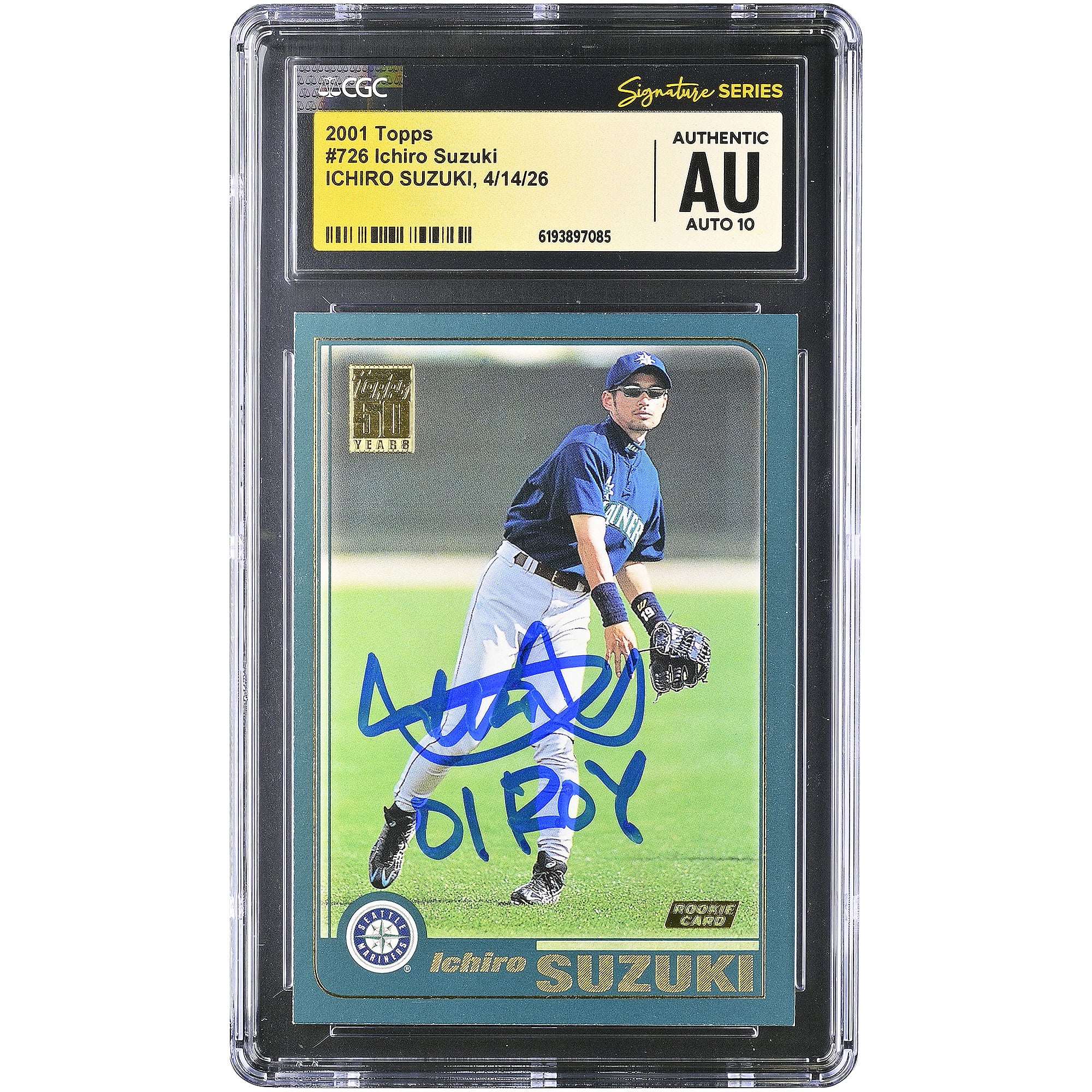 Tarjeta autografiada de Ichiro Suzuki de los Seattle Mariners, Topps #726 de 2001, autenticada por CGC Fanatics Witnessed. Tarjeta de novato AUTO 10 con inscripción "01 ROY".