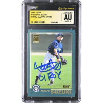 "Ichiro Suzuki Seattle Mariners Autographed 2001 Topps #726 CGC Fanatics Witnessed Authenticated AUTO 10 Rookie Card with ""01 ROY"" Inscription"