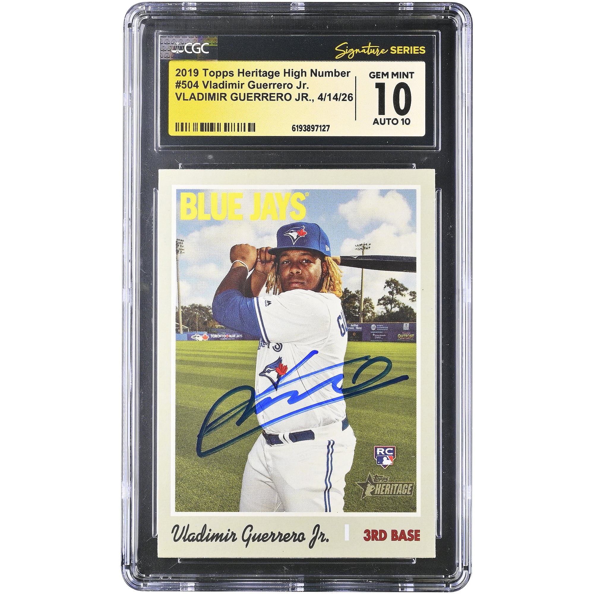 Tarjeta de novato autografiada de Vladimir Guerrero Jr. de los Toronto Blue Jays, Topps Heritage 2019, número alto #504, autenticada por CGC Fanatics Witnessed 10/10.