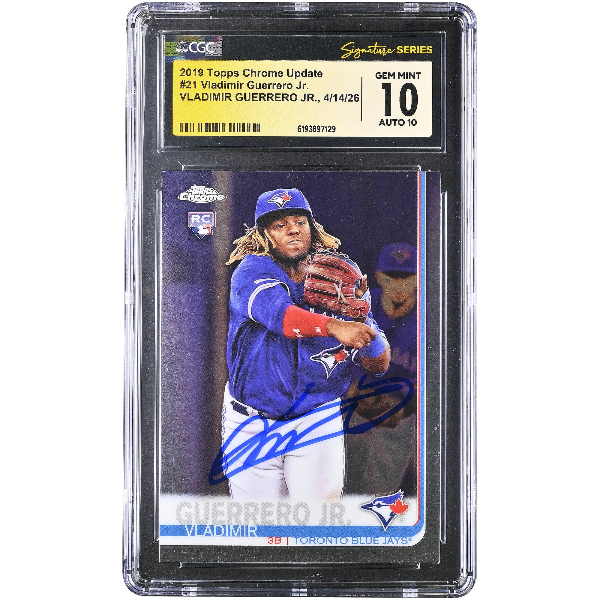 Vladimir Guerrero Jr. Toronto Blue Jays Autographed 2019 Topps Chrome Update #21 CGC Fanatics Witnessed Authenticated 10/10 Rookie Card