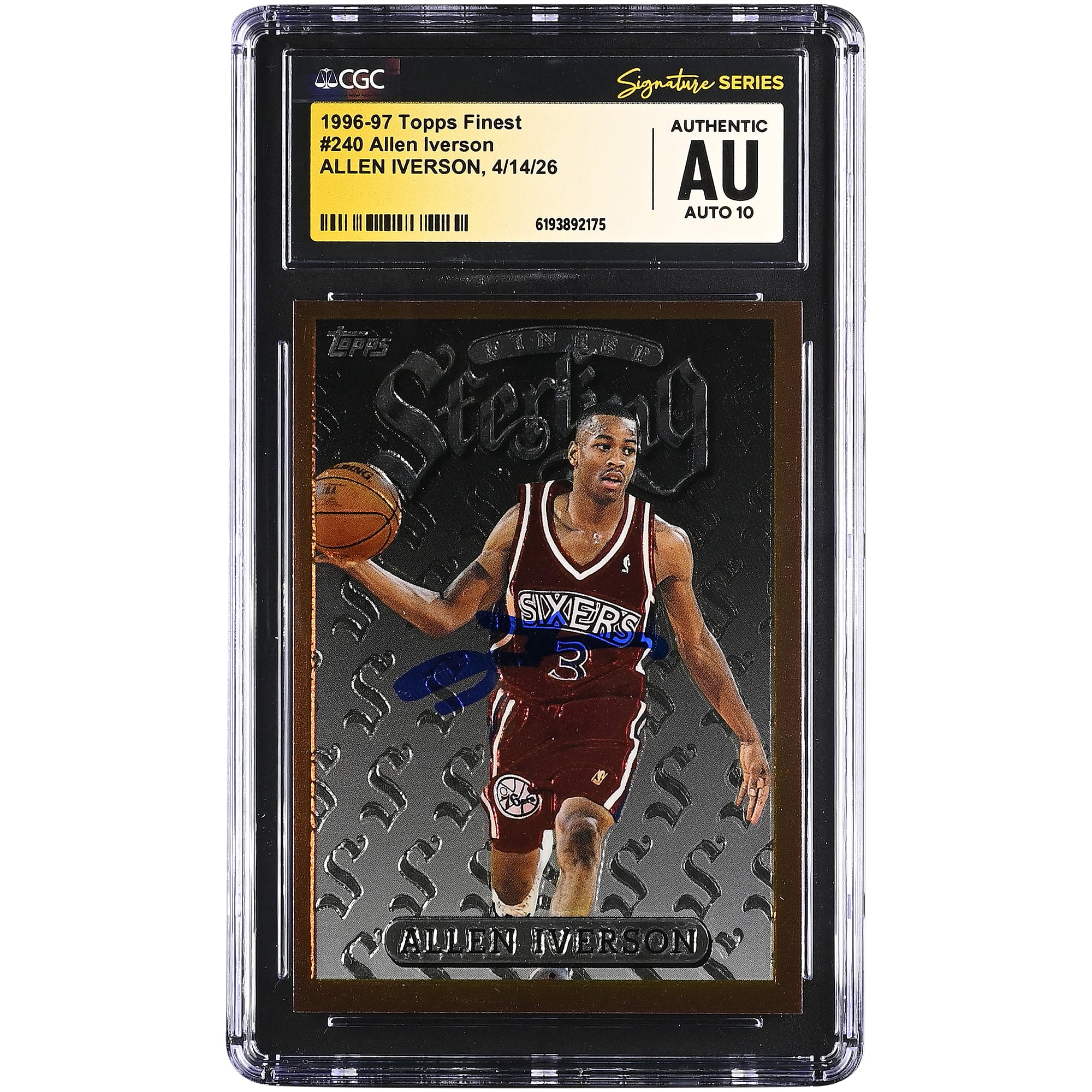Allen Iverson Philadelphia 76ers Autographed 1996-97 Topps Finest #240 CGC Fanatics Witnessed Authenticated AUTO 10 Rookie Card