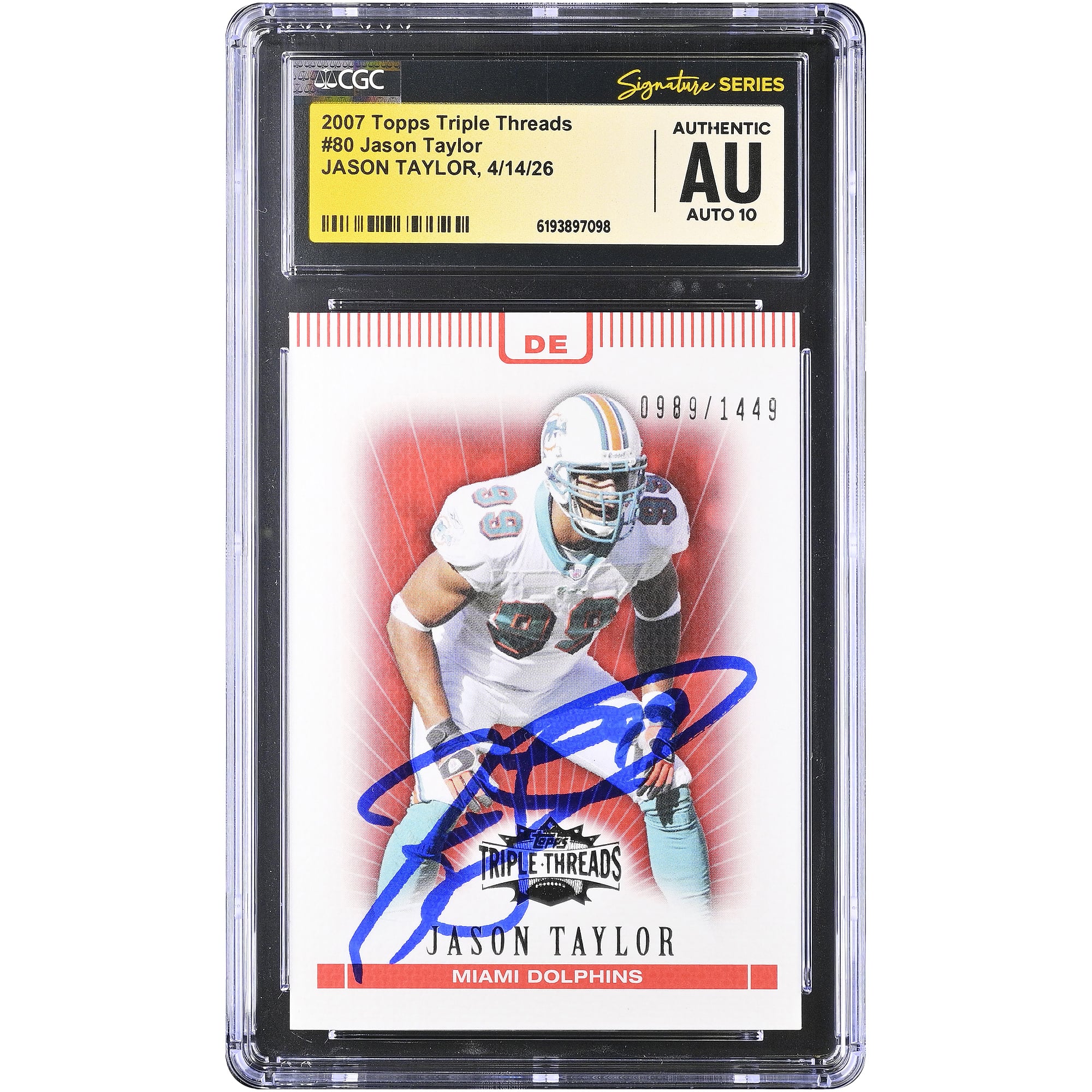 Jason Taylor Miami Dolphins Autographed 2007 Topps Triple Threads #80 #/1449 CGC Fanatics Witnessed Authenticated AUTO 10 Card