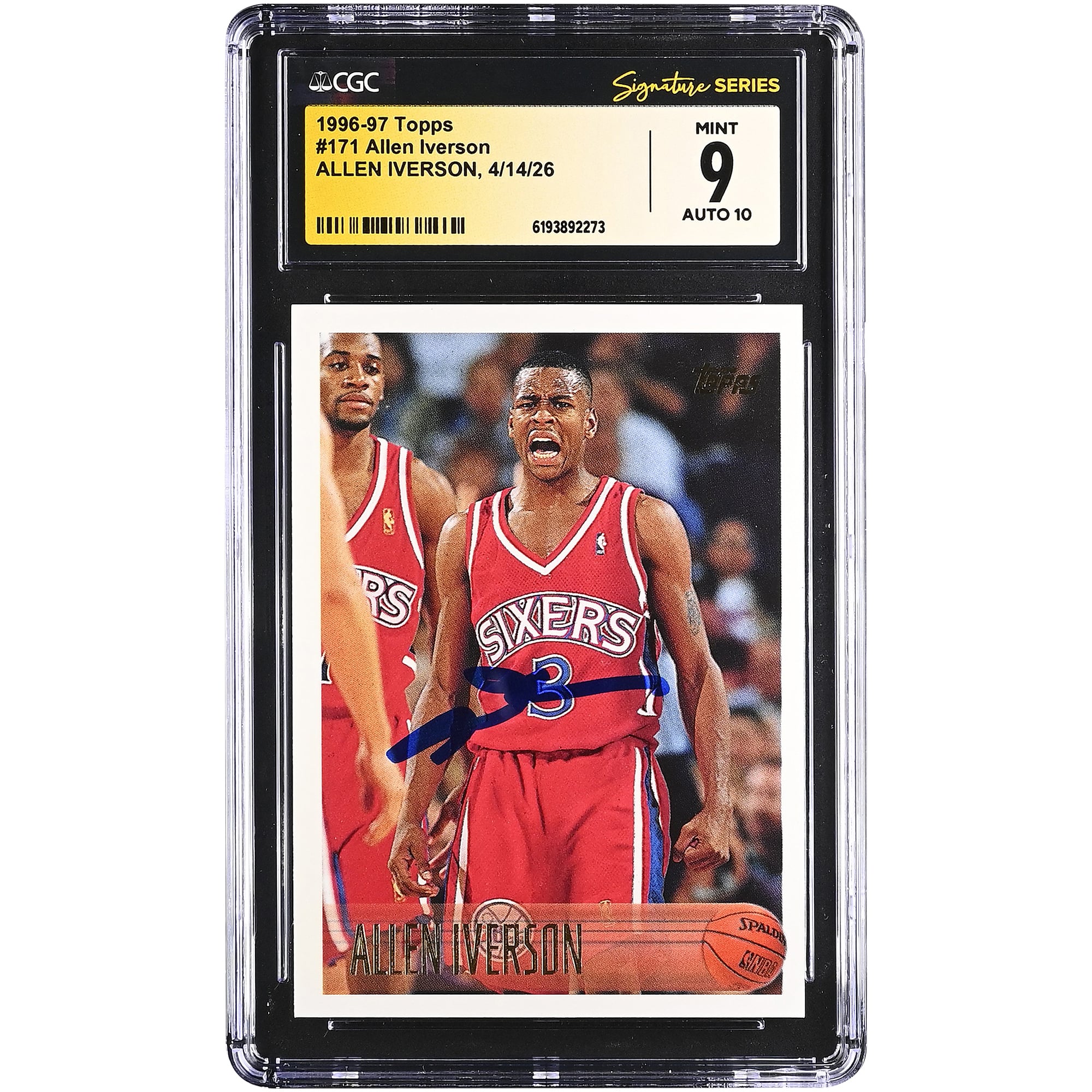 Allen Iverson Philadelphia 76ers Autographed 1996-97 Topps #171 CGC Fanatics Witnessed Authenticated / Rookie Card