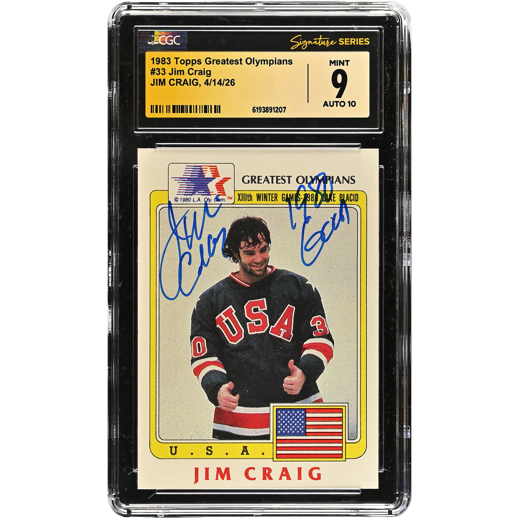 Jim Craig US Hockey Autographed 1983 Topps Greatest Olympians #33 CGC Fanatics Witnessed Authenticated /10 Card with "1980 Gold" Inscription