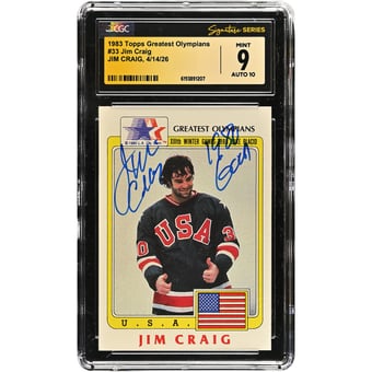 Jim Craig US Hockey Autographed 1983 Topps Greatest Olympians #33 CGC Fanatics Witnessed Authenticated 9/10 Card with "1980 Gold" Inscription
