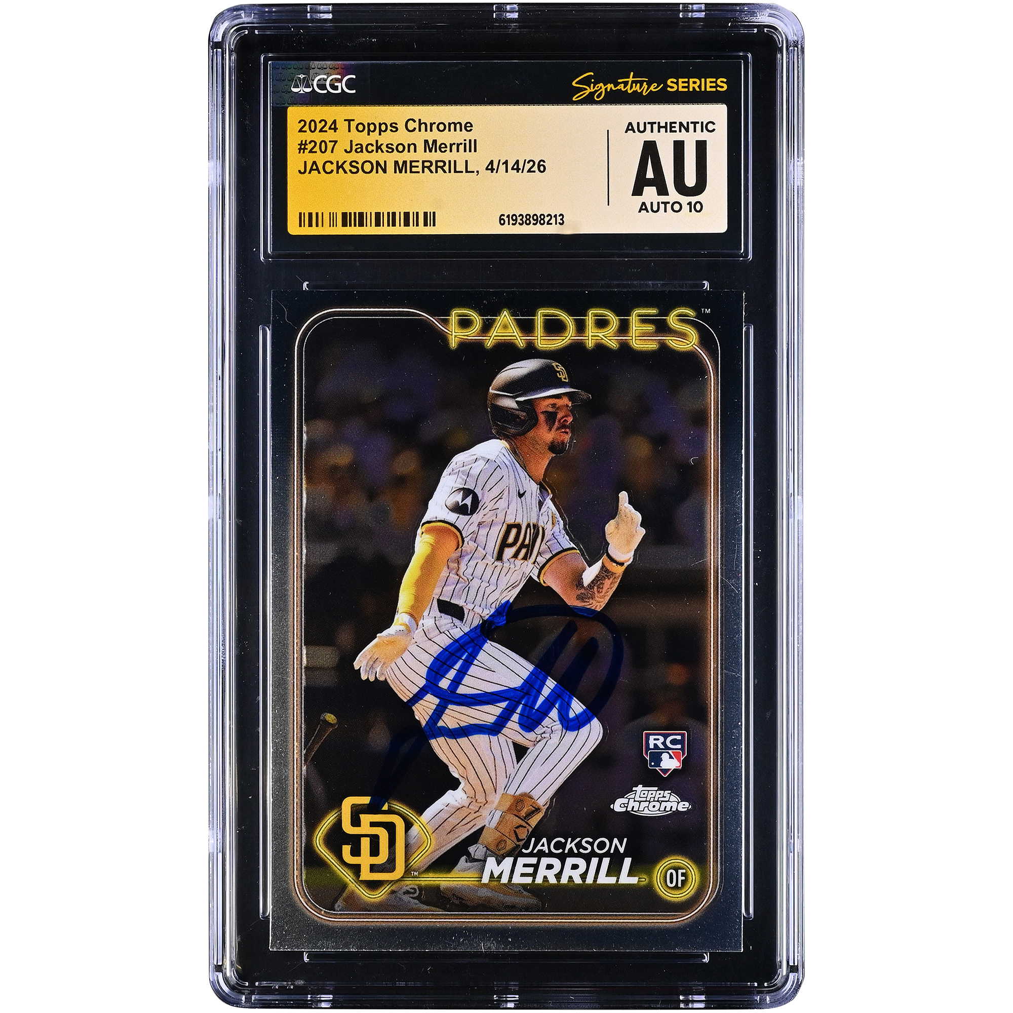 Jackson Merrill San Diego Padres Autographed 2024 Topps Chrome #207 CGC Fanatics Witnessed Authenticated AUTO 10 Rookie Card