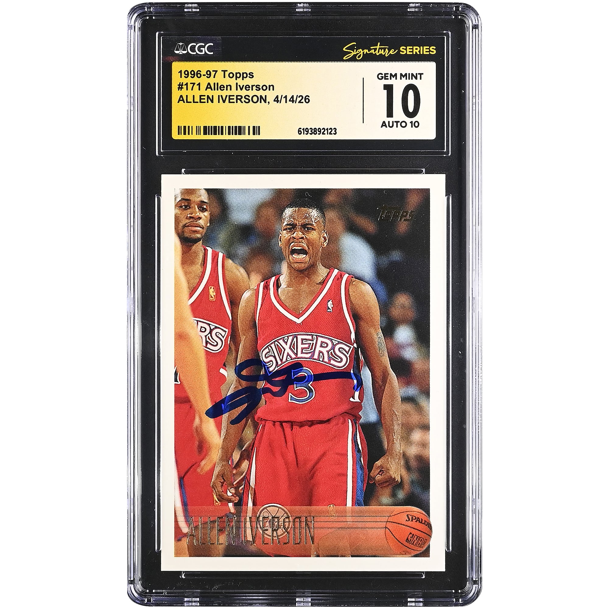 Allen Iverson Philadelphia 76ers Autographed 1996-97 Topps #171 CGC Fanatics Witnessed Authenticated 10/10 Rookie Card. rookie card picture