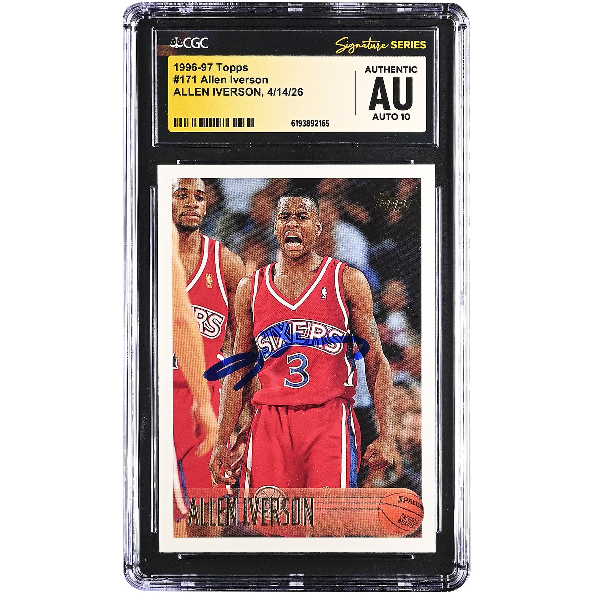 Allen Iverson Philadelphia 76ers Autographed 1996-97 Topps #171 CGC Fanatics Witnessed Authenticated AUTO 10 Rookie Card. rookie card picture