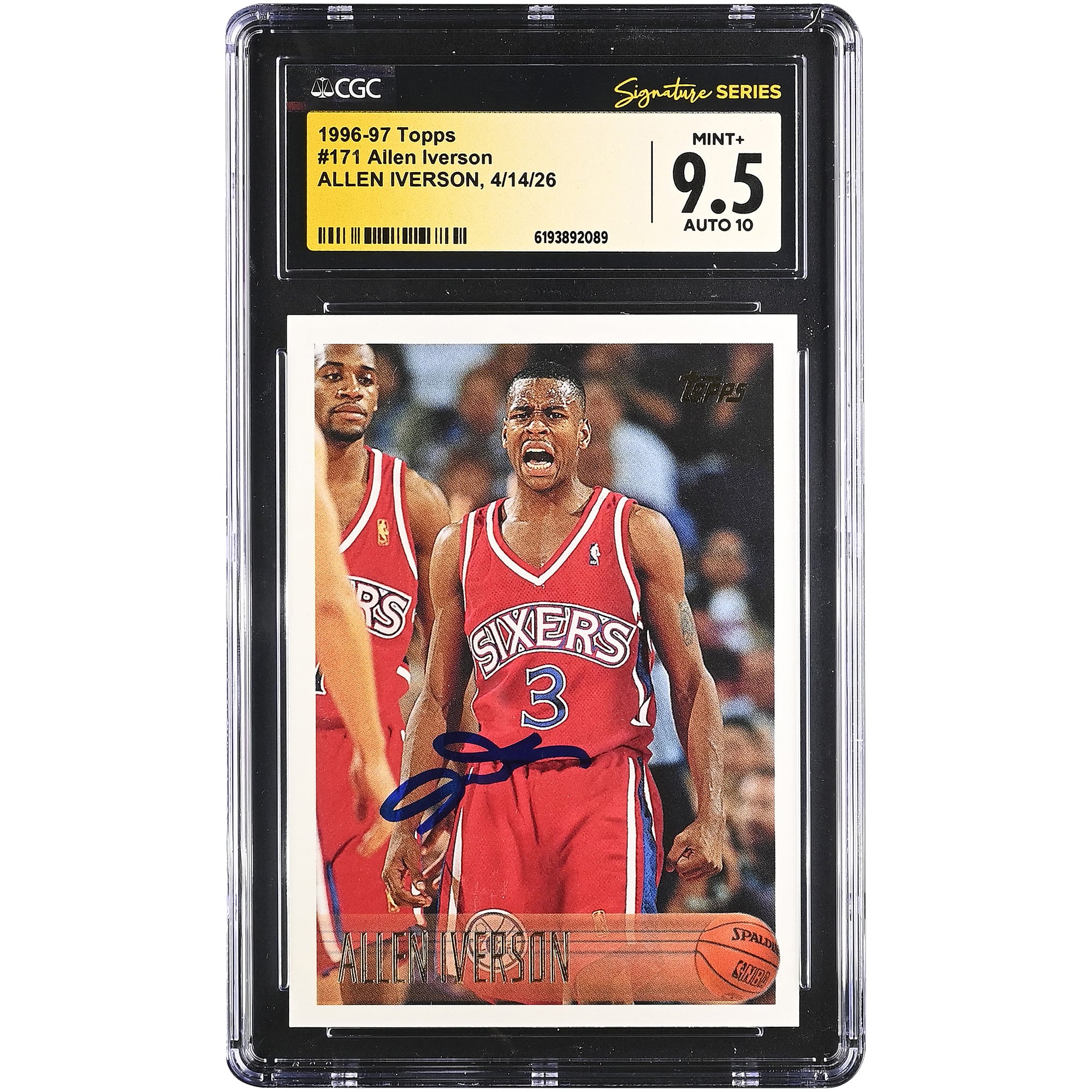 Allen Iverson Philadelphia 76ers Autographed 1996-97 Topps #171 CGC Fanatics Witnessed Authenticated 9.5/10 Rookie Card. rookie card picture