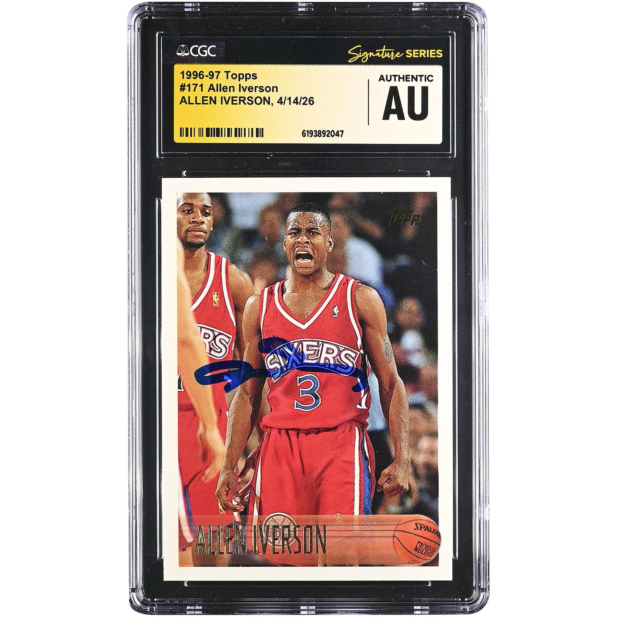 Allen Iverson Philadelphia 76ers Autographed 1996-97 Topps #171 CGC Fanatics Witnessed Authenticated Rookie Card. rookie card picture
