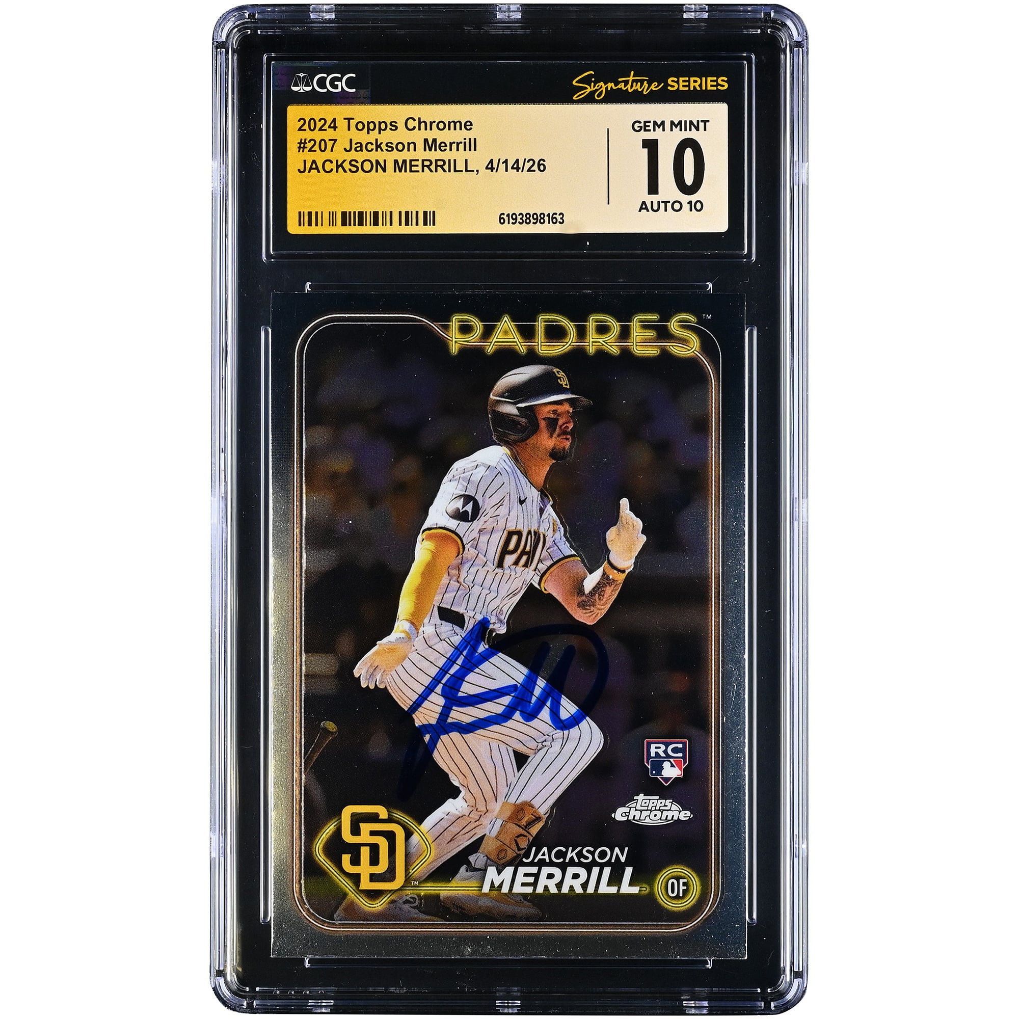 Tarjeta de novato autografiada de Jackson Merrill de los San Diego Padres, Topps Chrome #207, 2024, CGC Fanatics Witnessed Authenticated 10/10.
