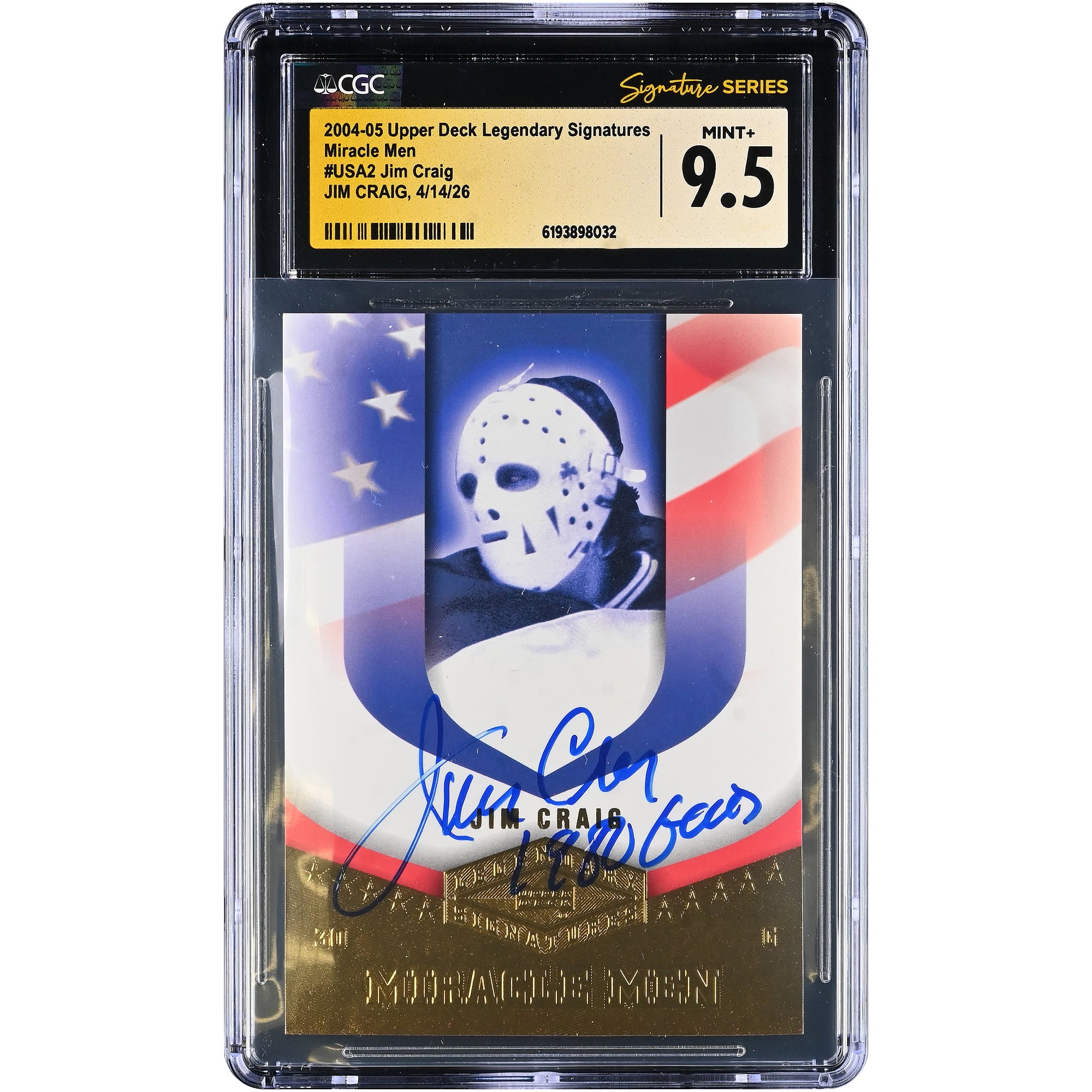 Jim Craig US Hockey Autographed 2004-05 Upper Deck Legendary Signatures #USA2 CGC Fanatics Witnessed Authenticated MINT+ 9.5 Card with 1980 Gold Inscription. rookie card picture
