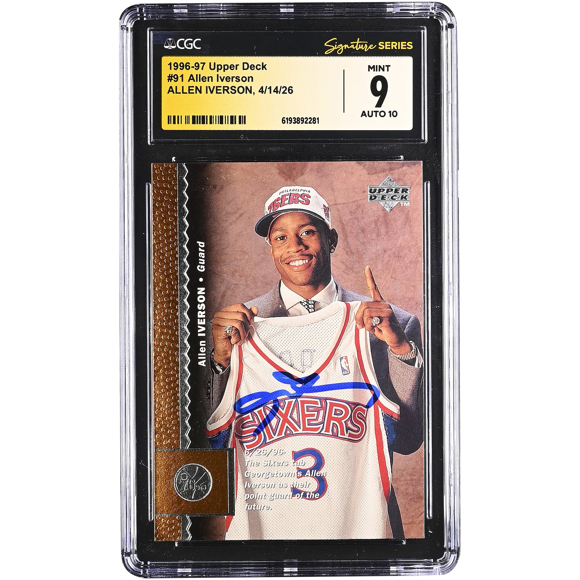 Allen Iverson Philadelphia 76ers Autographed 1996-97 Upper Deck #91 CGC Fanatics Witnessed Authenticated /10 Rookie Card