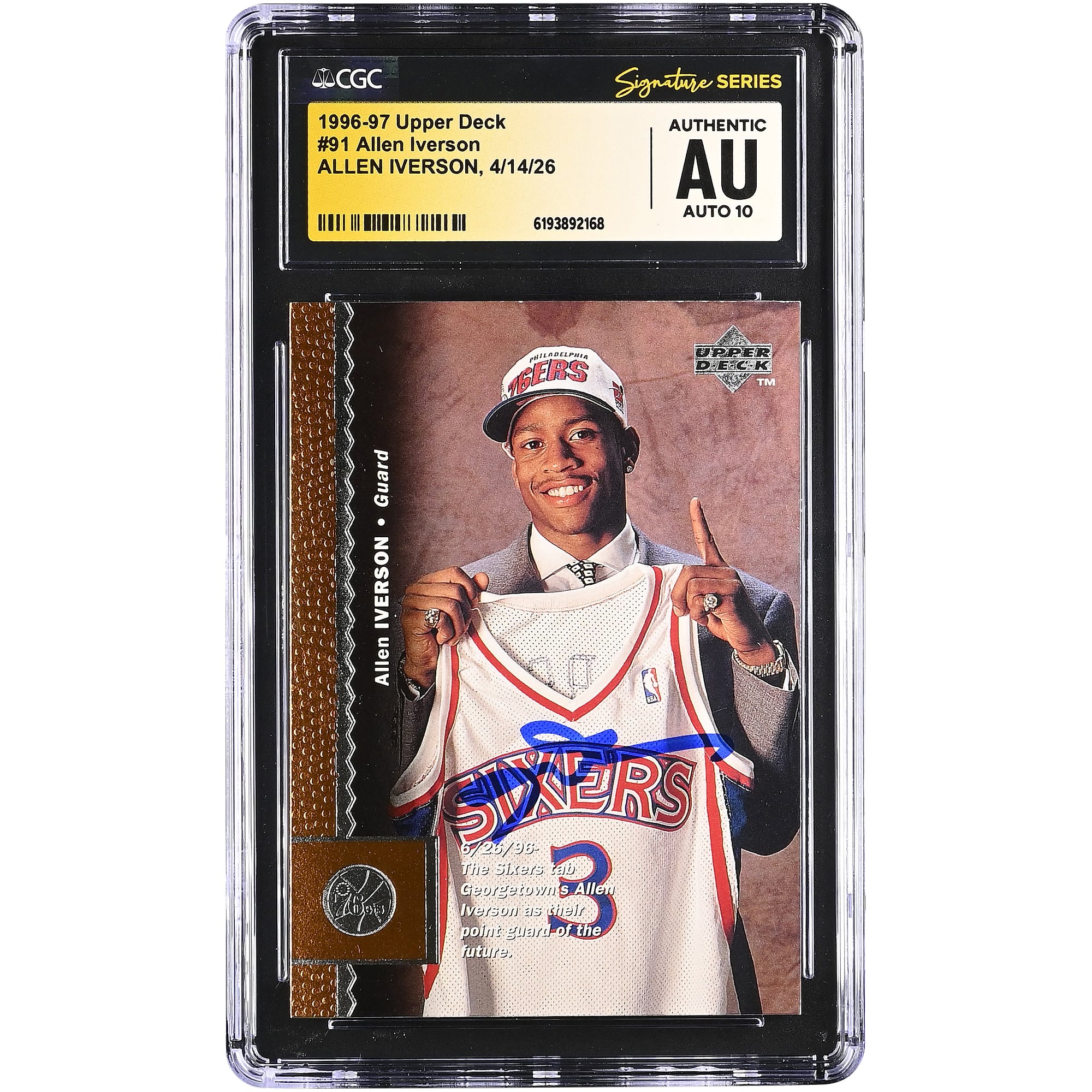 Allen Iverson Philadelphia 76ers Autographed 1996-97 Upper Deck #91 CGC Fanatics Witnessed Authenticated AUTO 10 Rookie Card