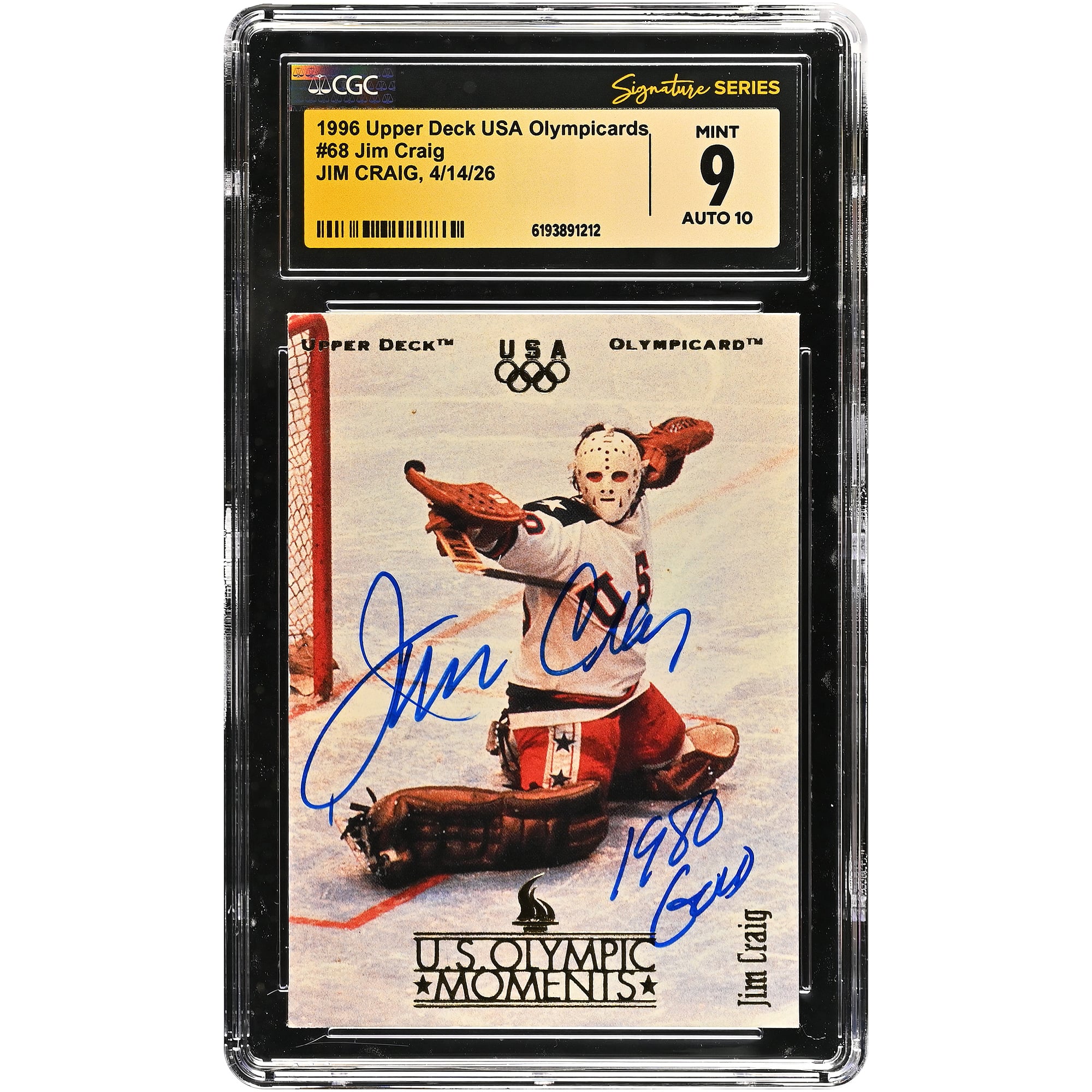 Jim Craig US Hockey Autographed 1996 Upper Deck USA Olympicards #68 CGC Fanatics Witnessed Authenticated 9/10 Card with 1980 Gold Inscription. rookie card picture
