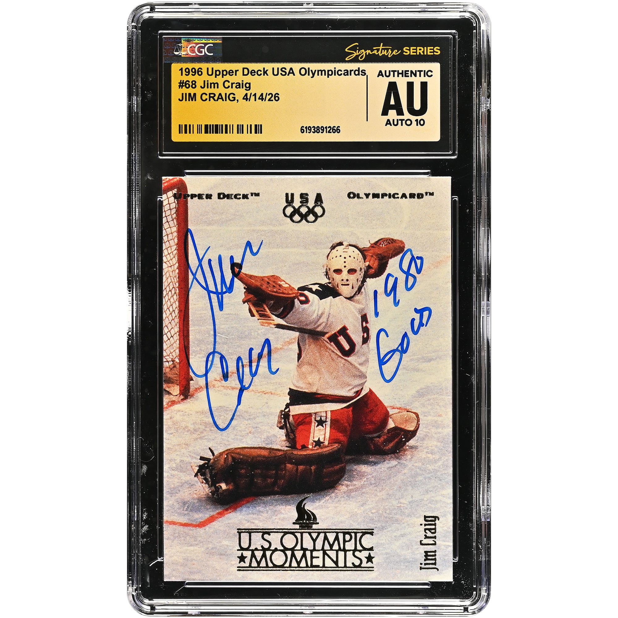 Jim Craig US Hockey Autographed 1996 Upper Deck USA Olympicards #68 CGC Fanatics Witnessed Authenticated AUTO 10 Card with 1980 Gold Inscription. rookie card picture