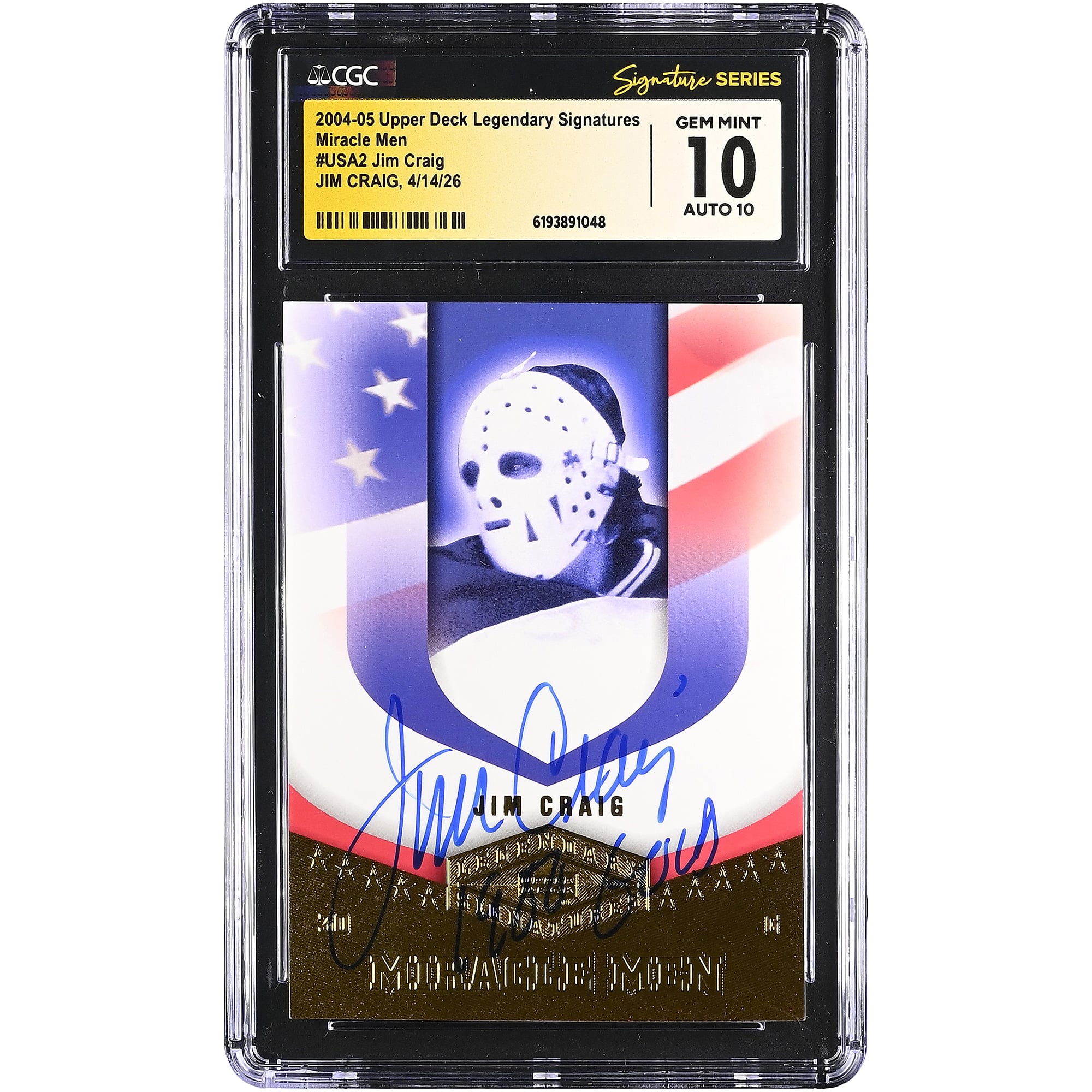 Jim Craig US Hockey Autographed 2004-05 Upper Deck Legendary Signatures #USA2 CGC Fanatics Witnessed Authenticated 10/10 Card with 1980 Gold Inscription. rookie card picture