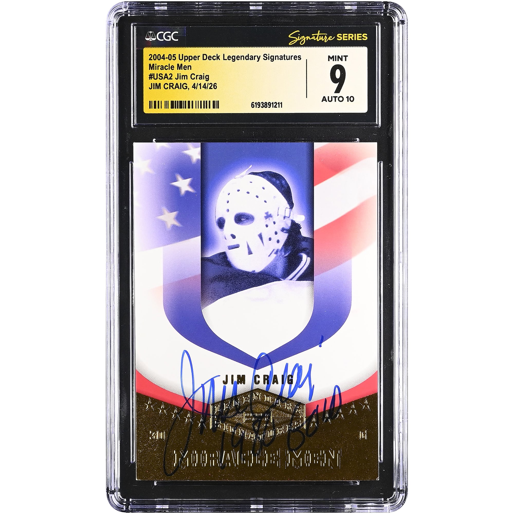 Jim Craig US Hockey Autographed 2004-05 Upper Deck Legendary Signatures #USA2 CGC Fanatics Witnessed Authenticated 9/10 Card with 1980 Gold Inscription. rookie card picture