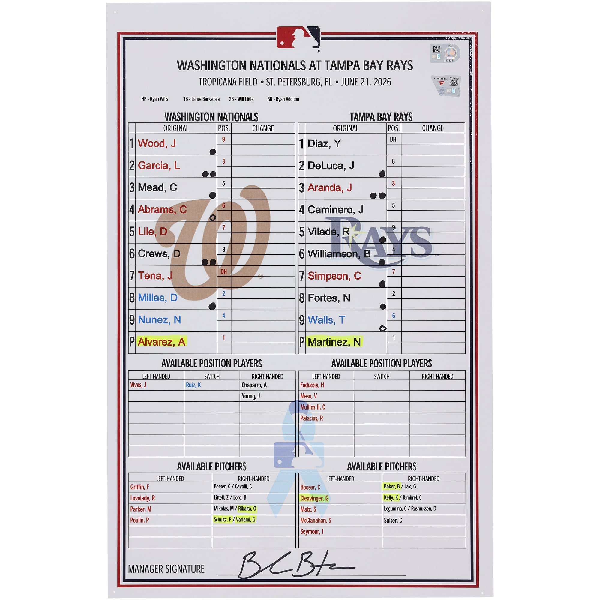 Washington Nationals Game-Used Lineup Card vs. Tampa Bay Rays on June 21, 2026