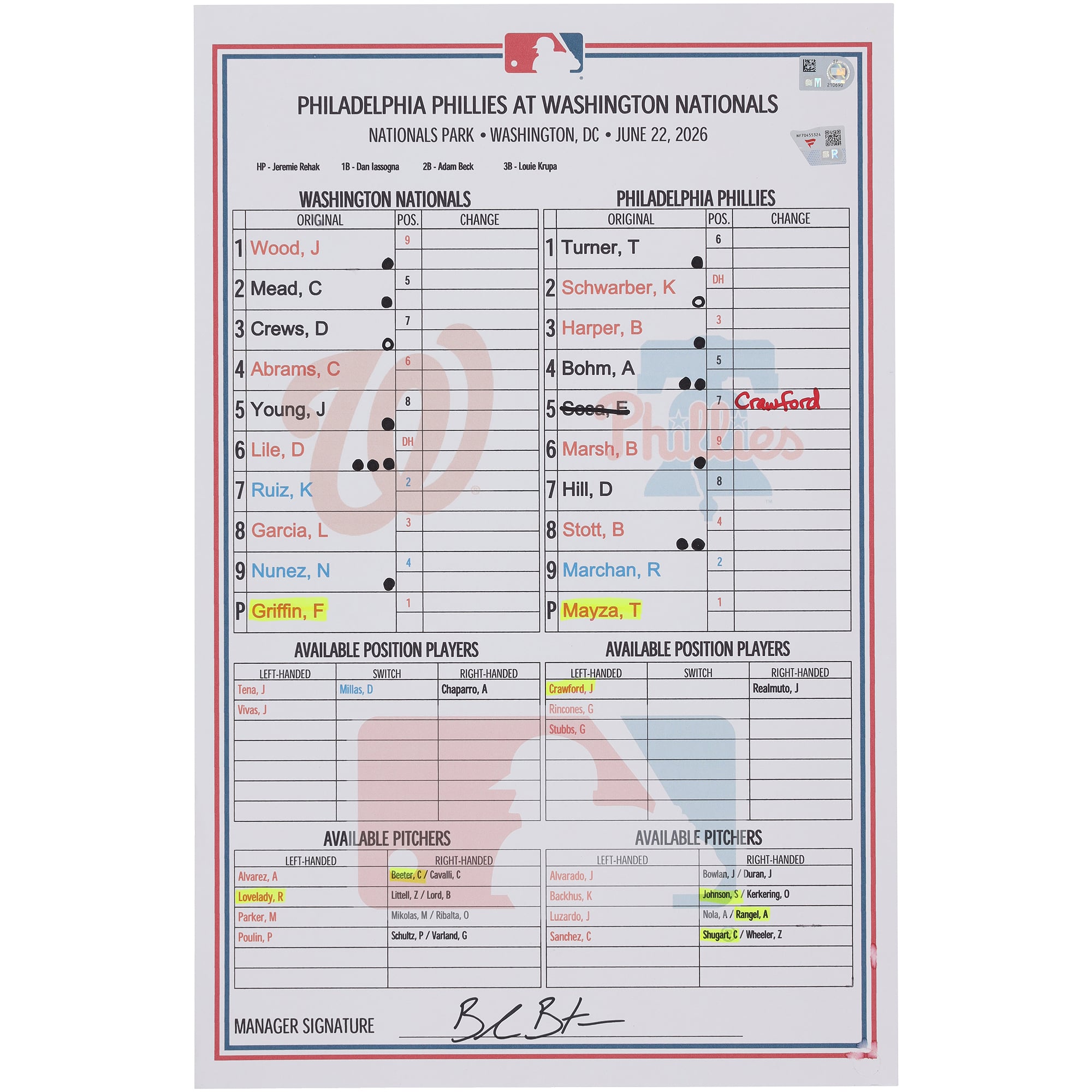 Washington Nationals Game-Used Lineup Card vs. Philadelphia Phillies on June 22, 2026