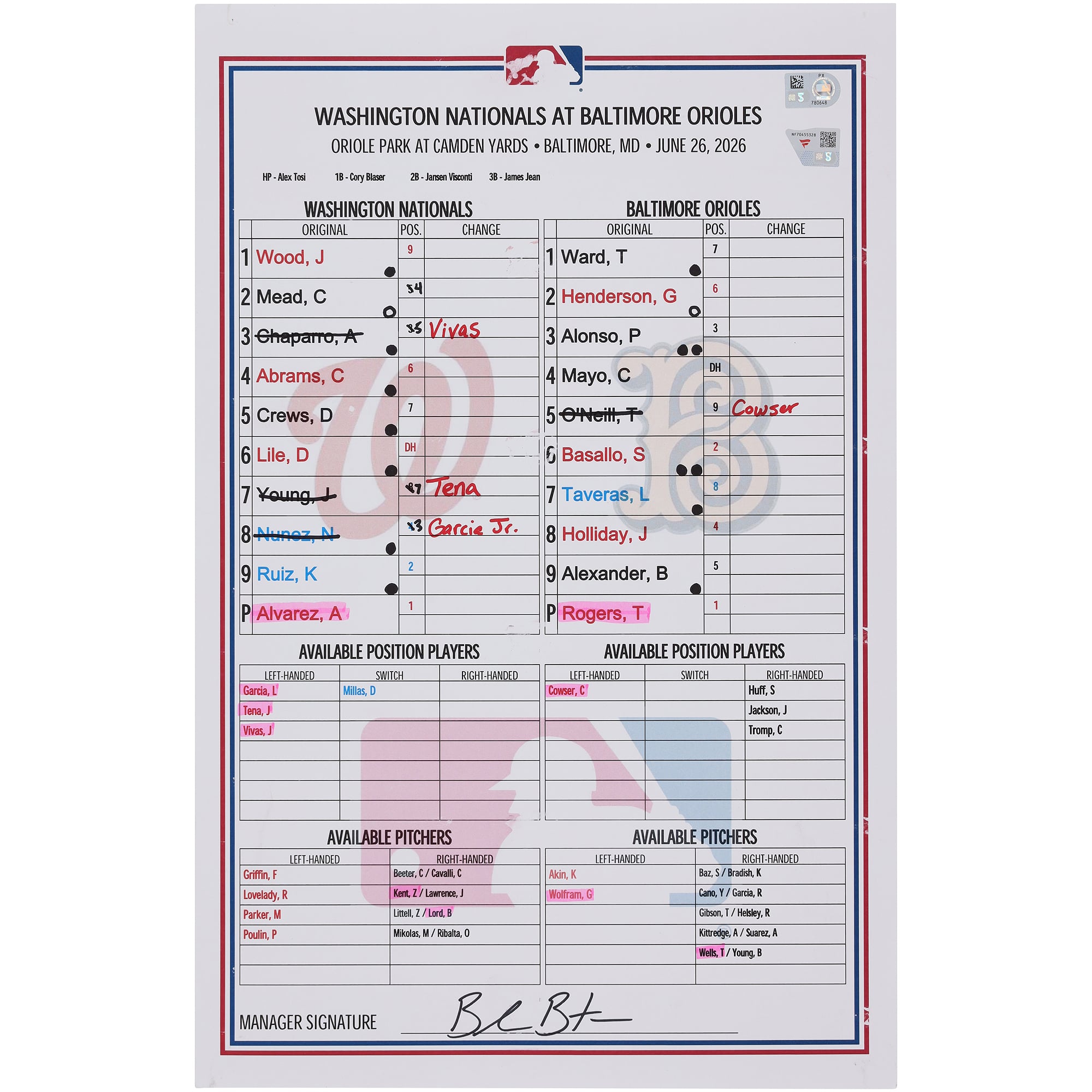 Washington Nationals Game-Used Lineup Card vs. Baltimore Orioles on June 26, 2026