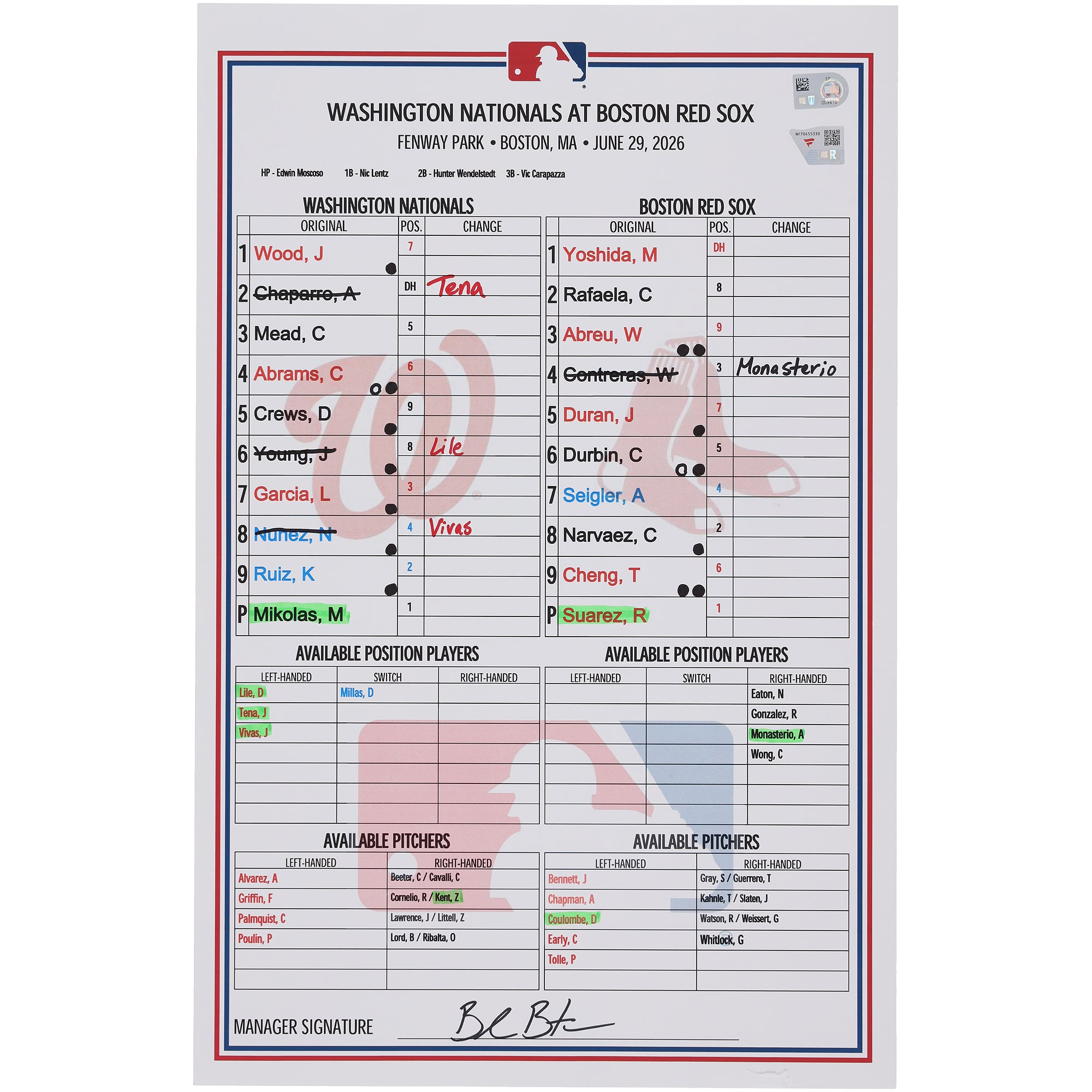 Washington Nationals Game-Used Lineup Card vs. Boston Red Sox on June 29, 2026