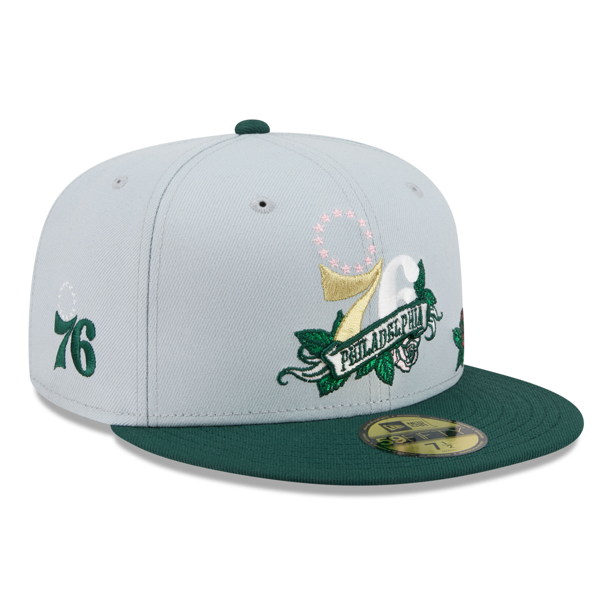 Men's New Era  Gray/Green Philadelphia 76ers Rose Banner 59FIFTY Fitted Hat
