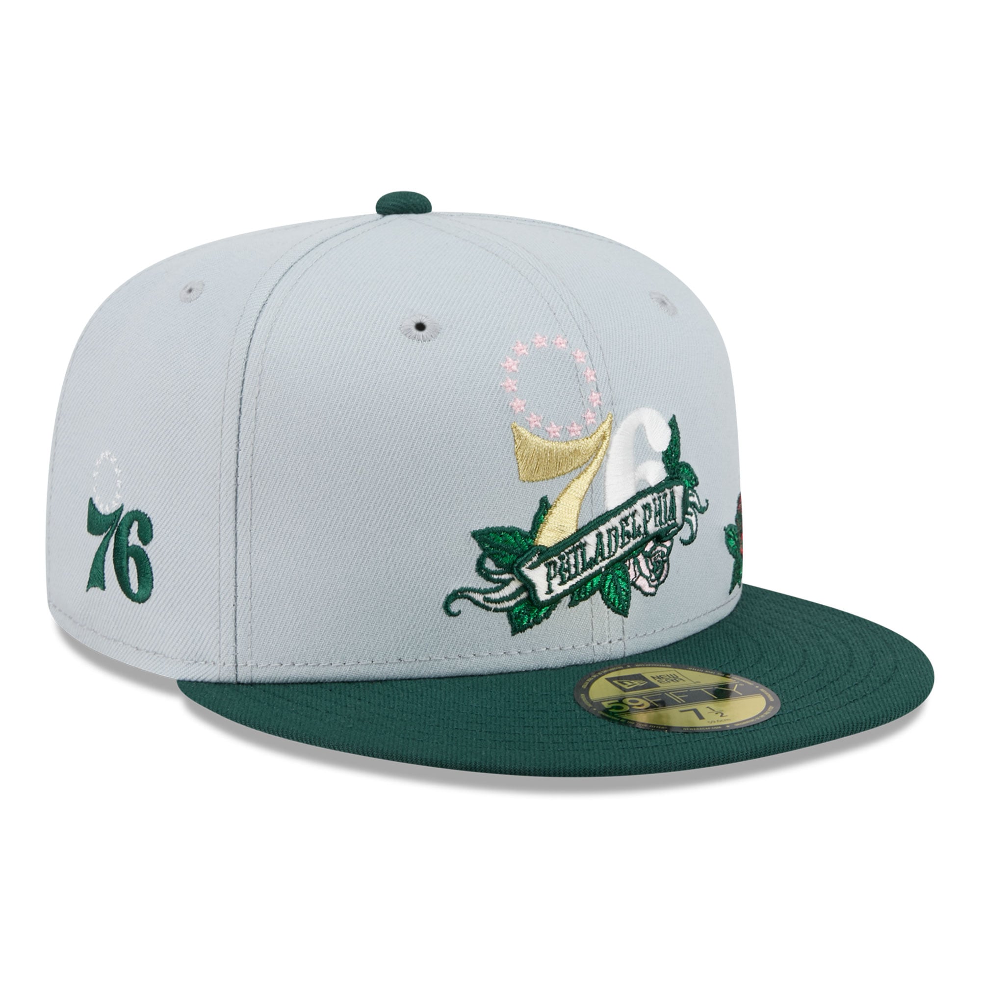 Men's New Era  Gray/Green Philadelphia 76ers Rose Banner 59FIFTY Fitted Hat