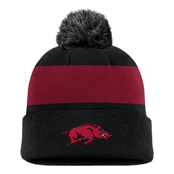 Men's Nike Black Arkansas Razorbacks Primetime Logo Stripe Knit Hat with Pom