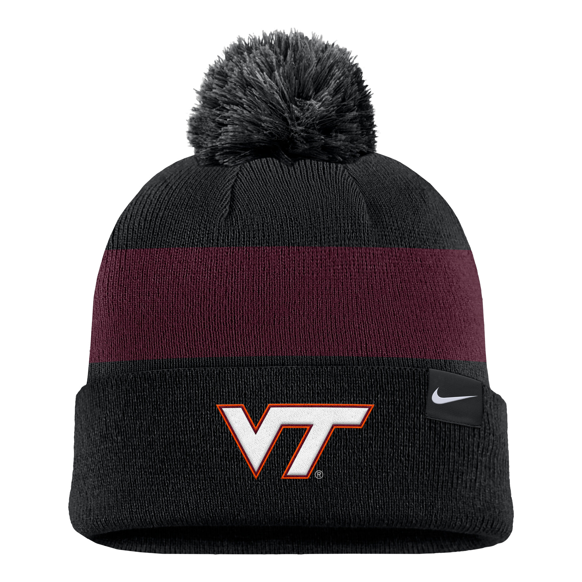 Men's Nike Black Virginia Tech Hokies Primetime Logo Stripe Knit Hat with Pom