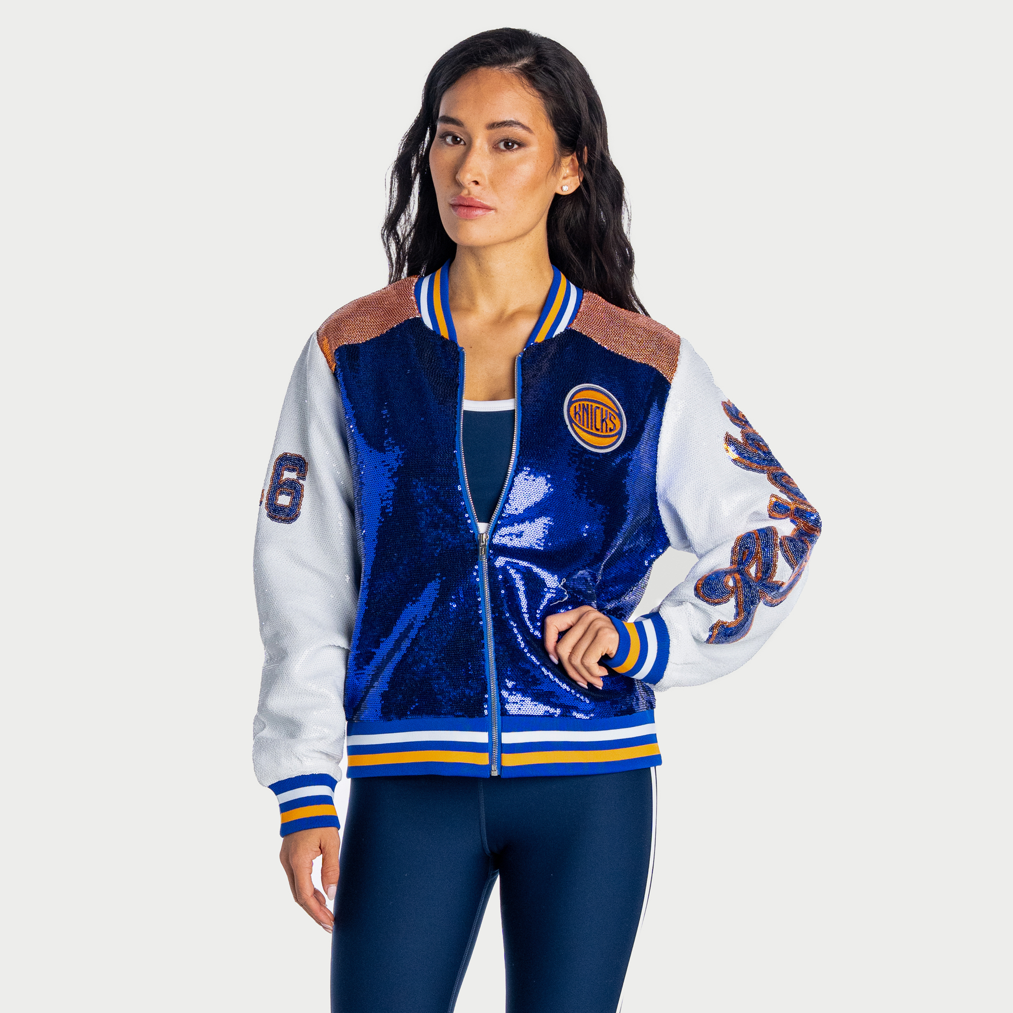 Women's The Wild Collective Blue/White New York Knicks Full-Zip Sequin Jacket