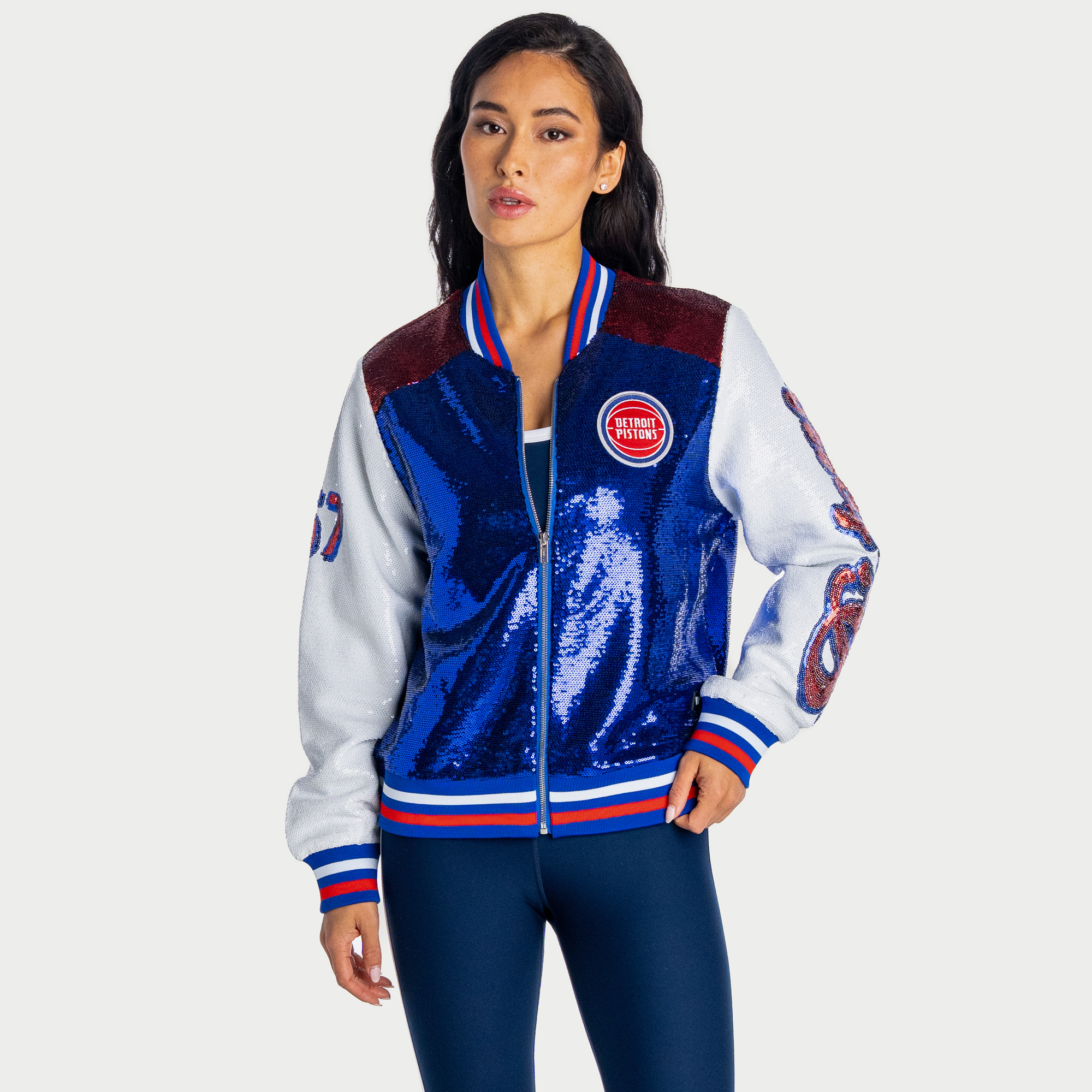 Women's The Wild Collective Blue/White Detroit Pistons Full-Zip Sequin Jacket