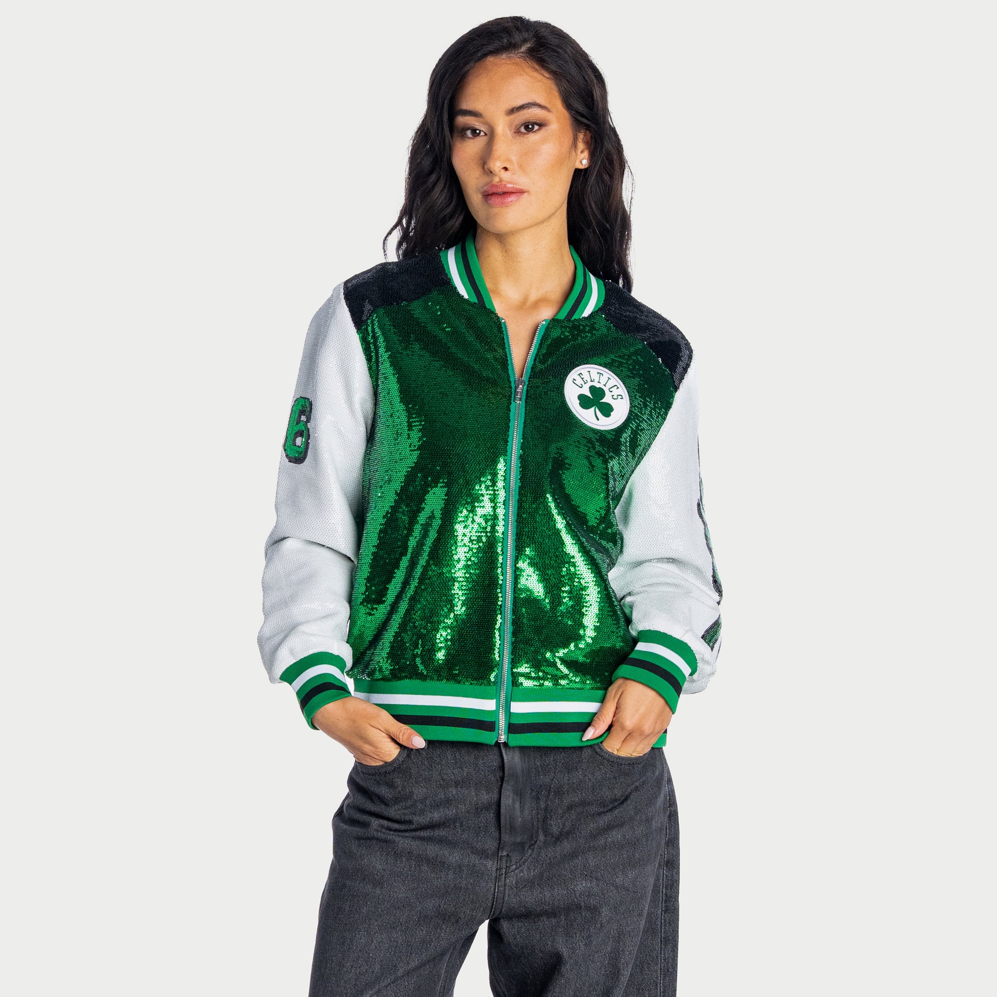 Women's The Wild Collective Kelly Green/White Boston Celtics Full-Zip Sequin Jacket