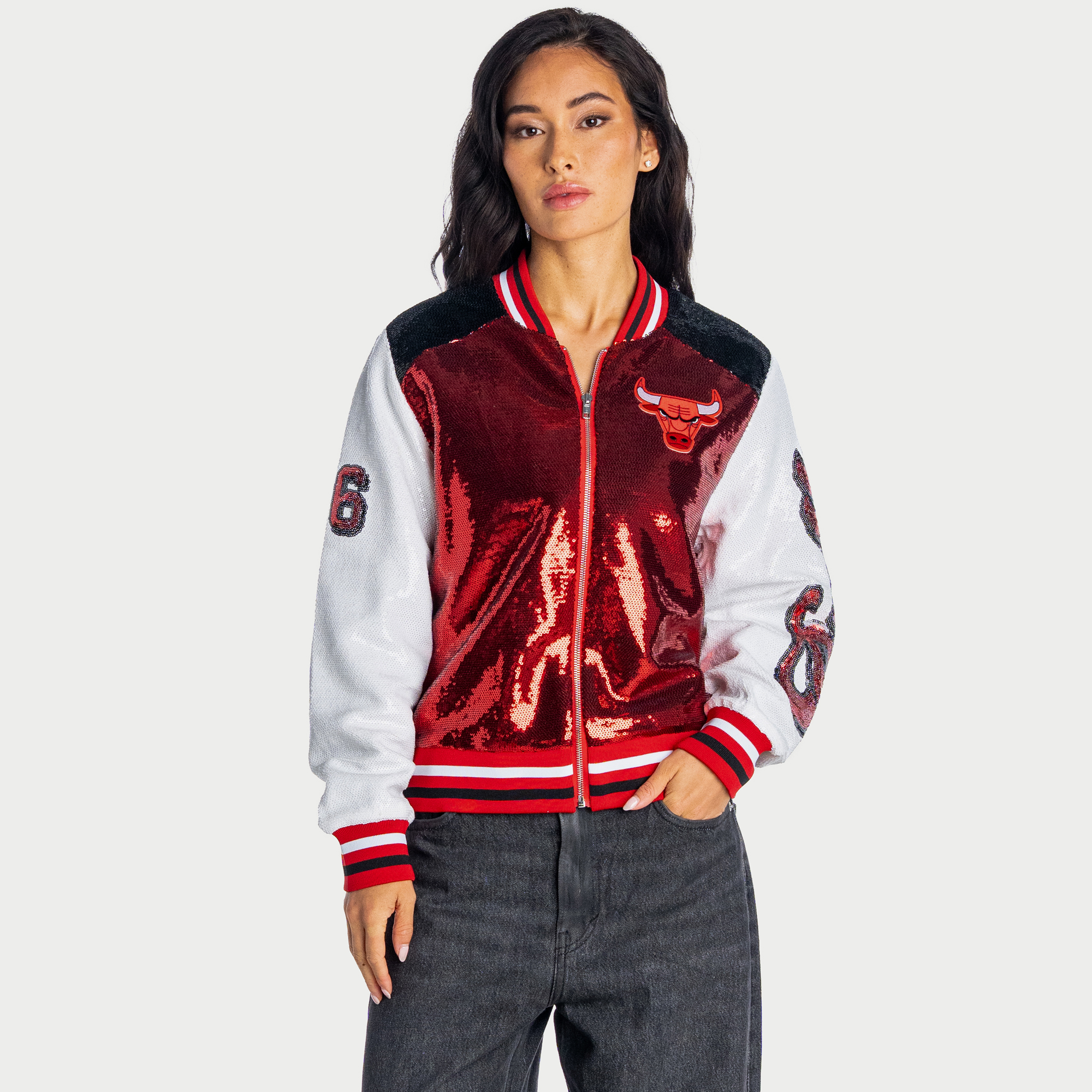 Women's The Wild Collective Red/White Chicago Bulls Full-Zip Sequin Jacket