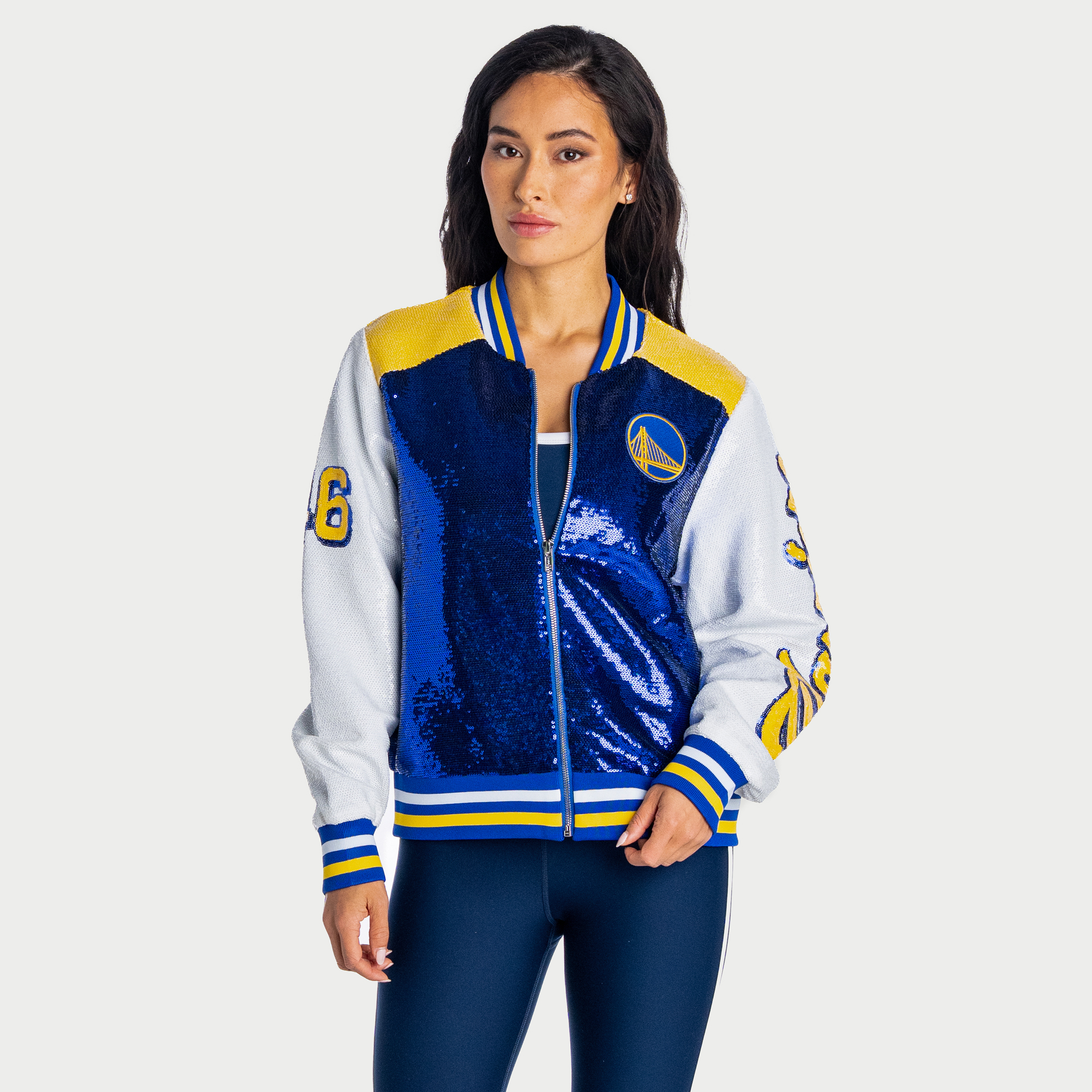 Women's The Wild Collective Royal/White Golden State Warriors Full-Zip Sequin Jacket