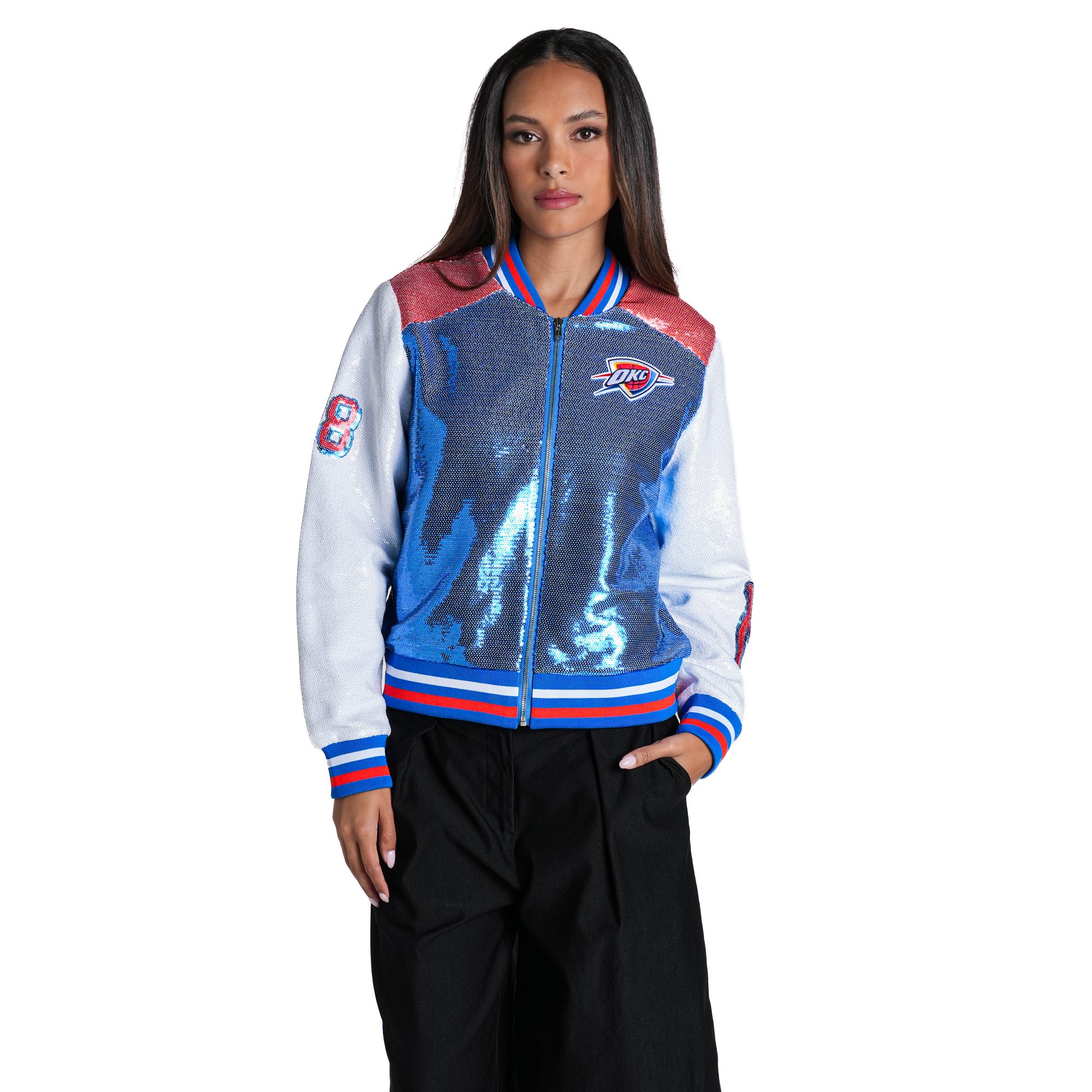 Women's The Wild Collective Blue/White Oklahoma City Thunder Full-Zip Sequin Jacket