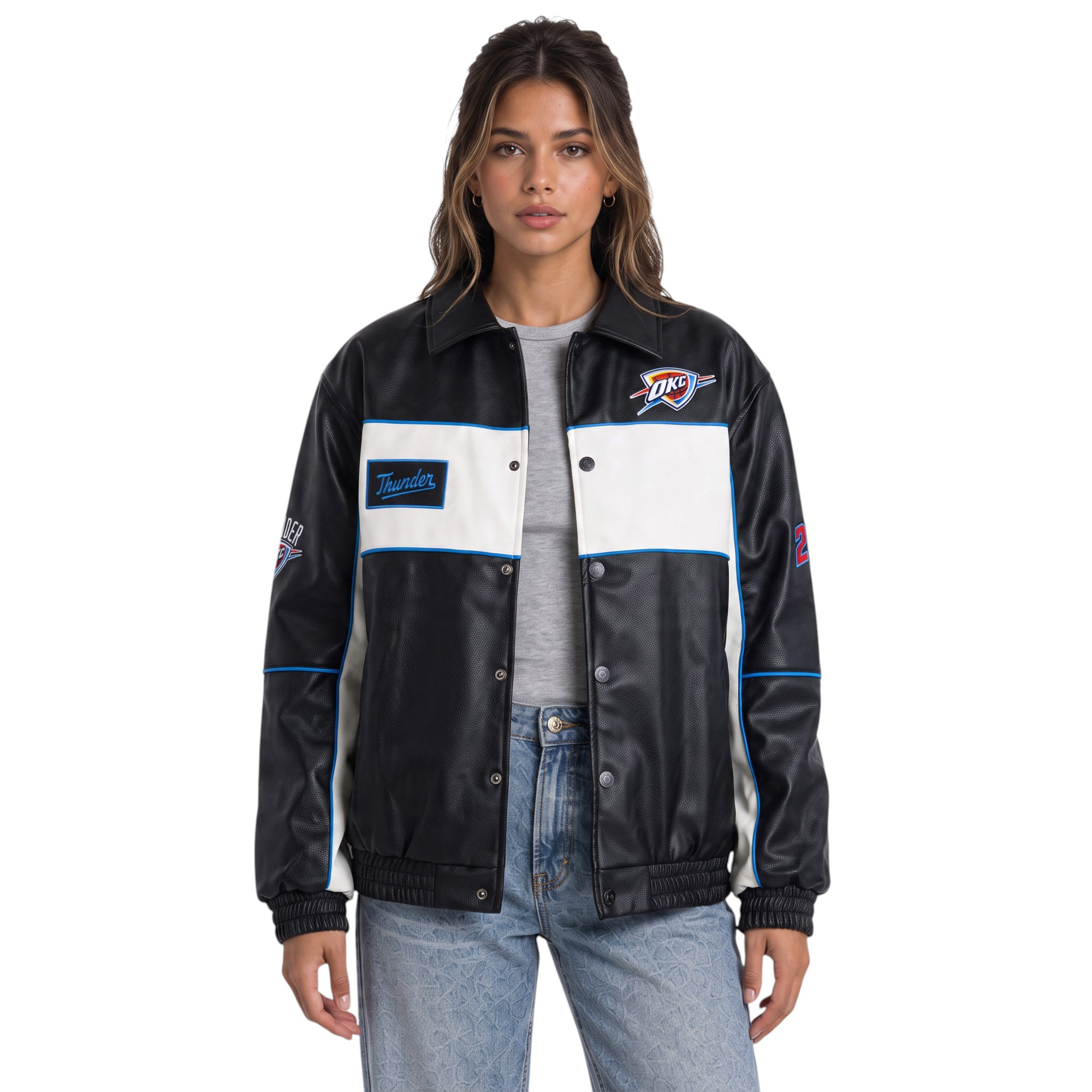 Women's The Wild Collective Black Oklahoma City Thunder Faux Leather Racing Full-Snap Jacket