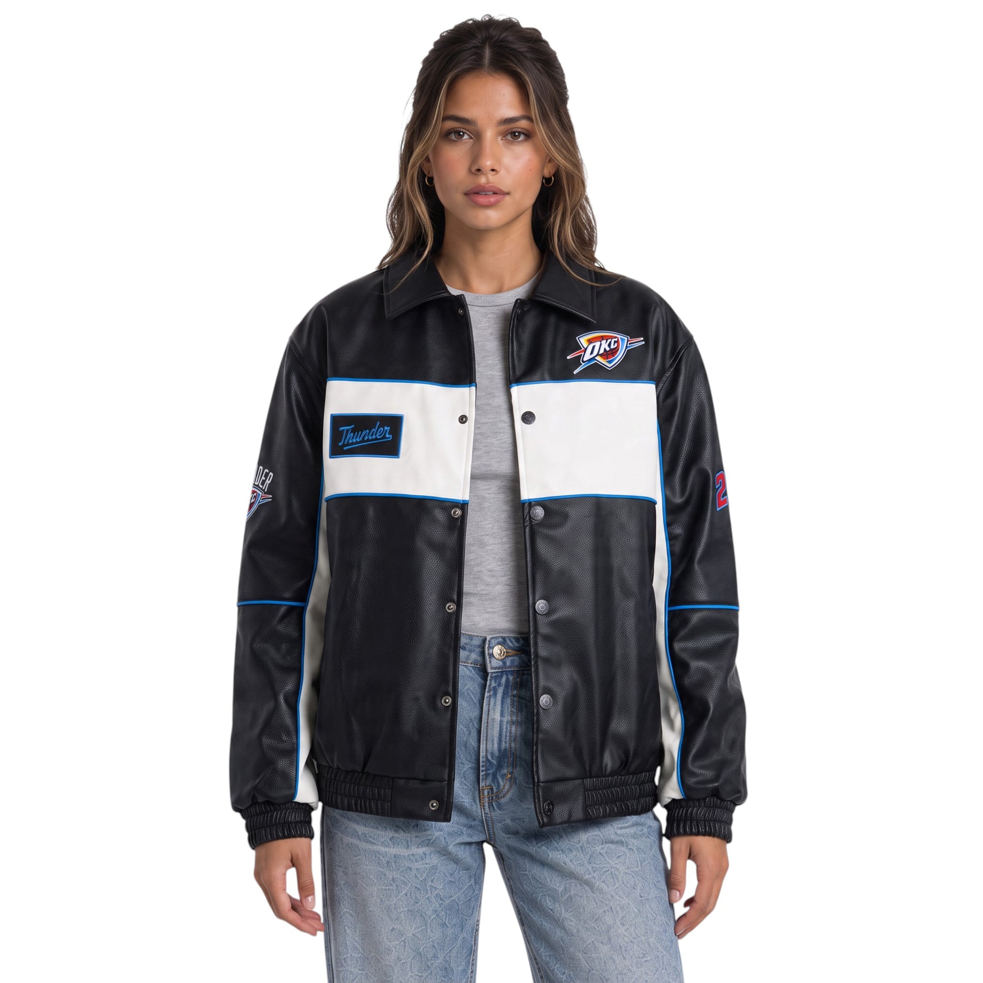 Women's The Wild Collective Black Oklahoma City Thunder Faux Leather Racing Full-Snap Jacket