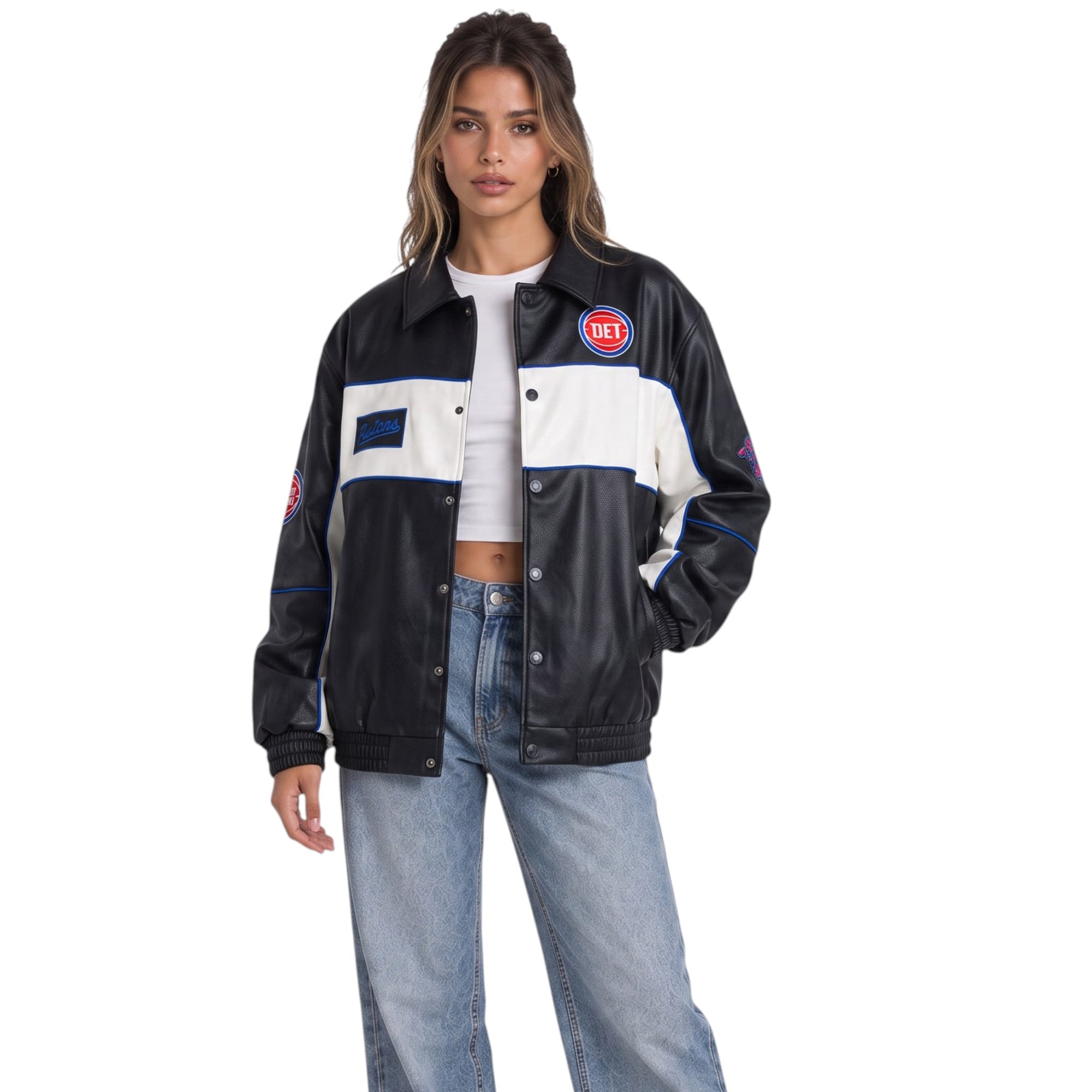 Women's The Wild Collective  Black Detroit Pistons Faux Leather Racing Full-Snap Jacket