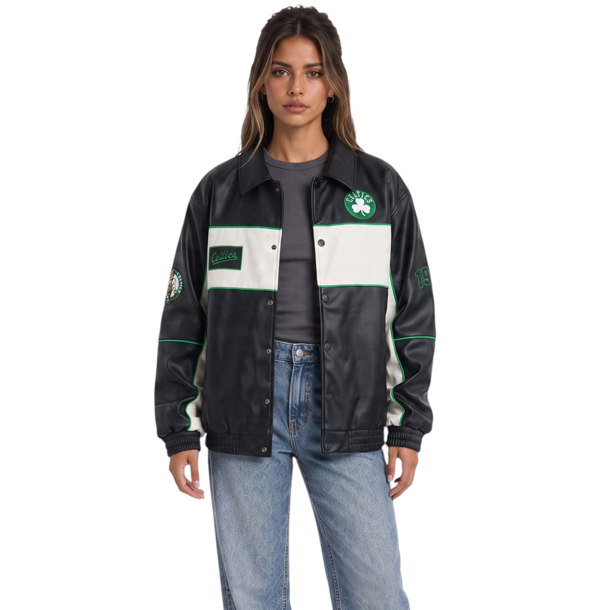 Women's The Wild Collective  Black Boston Celtics Faux Leather Racing Full-Snap Jacket