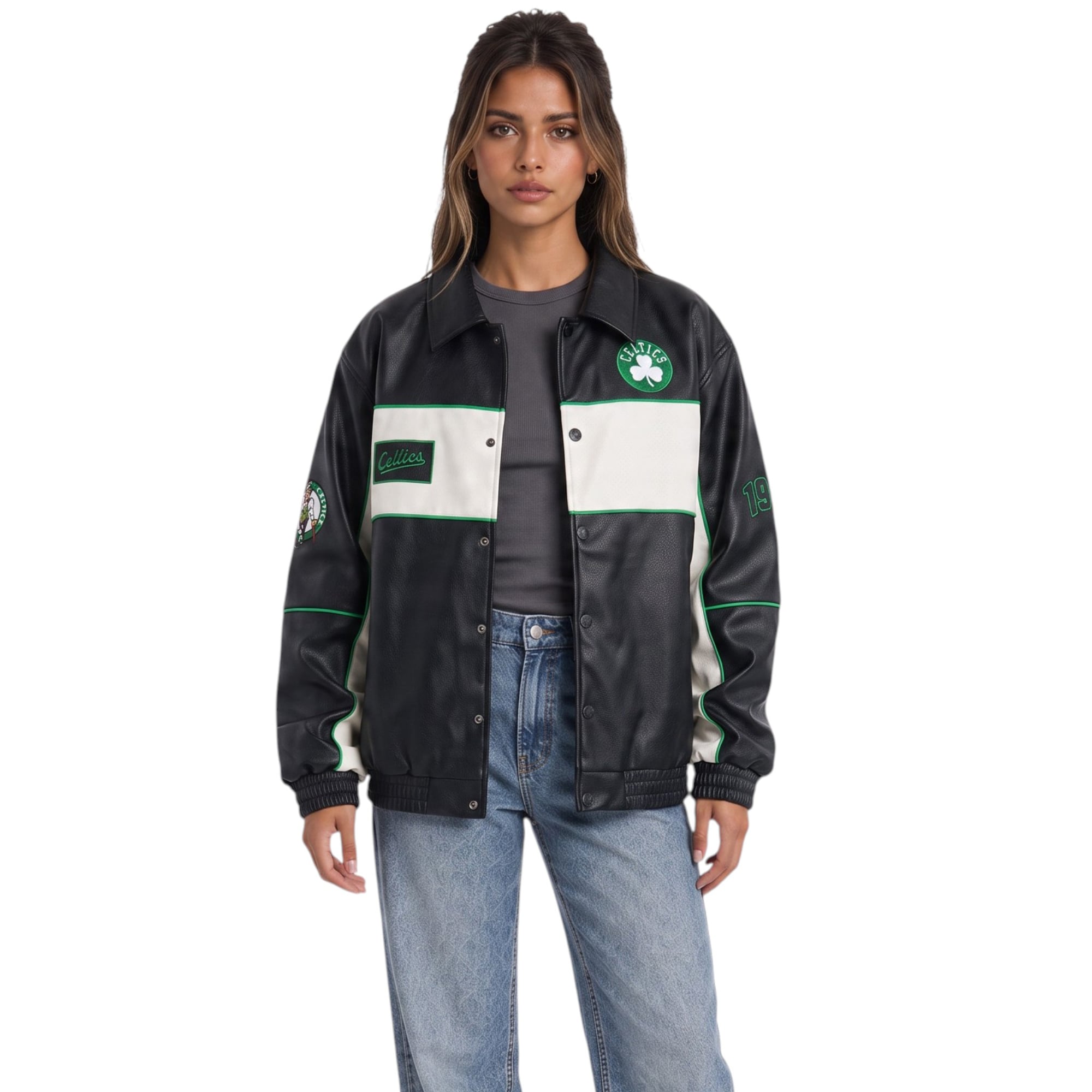 Women's The Wild Collective  Black Boston Celtics Faux Leather Racing Full-Snap Jacket
