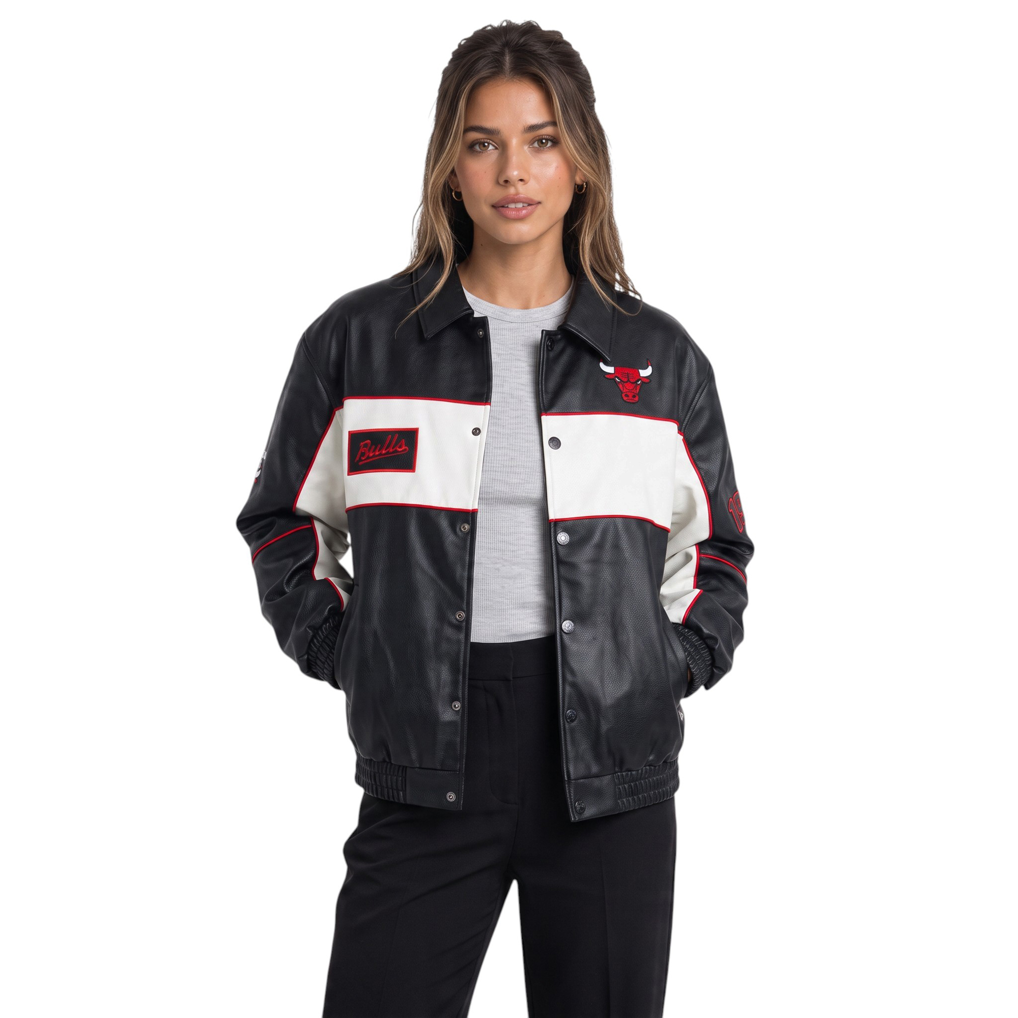 Women's The Wild Collective Black Chicago Bulls Faux Leather Racing Full-Snap Jacket